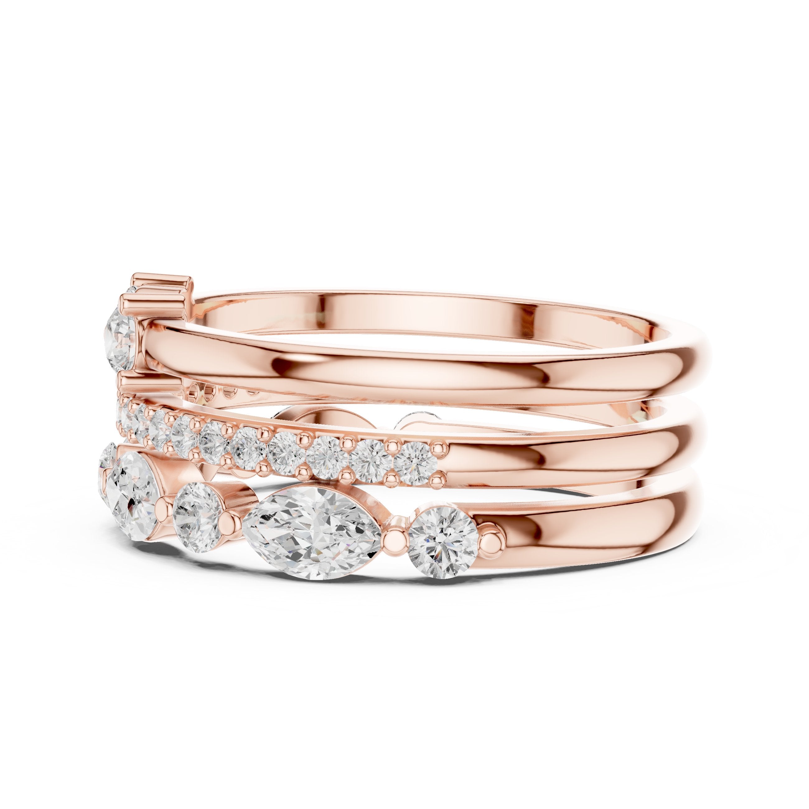 Mixed Marquise and Round Diamond Stackable Wedding Band Set in Rose Gold - VYKA Diamonds