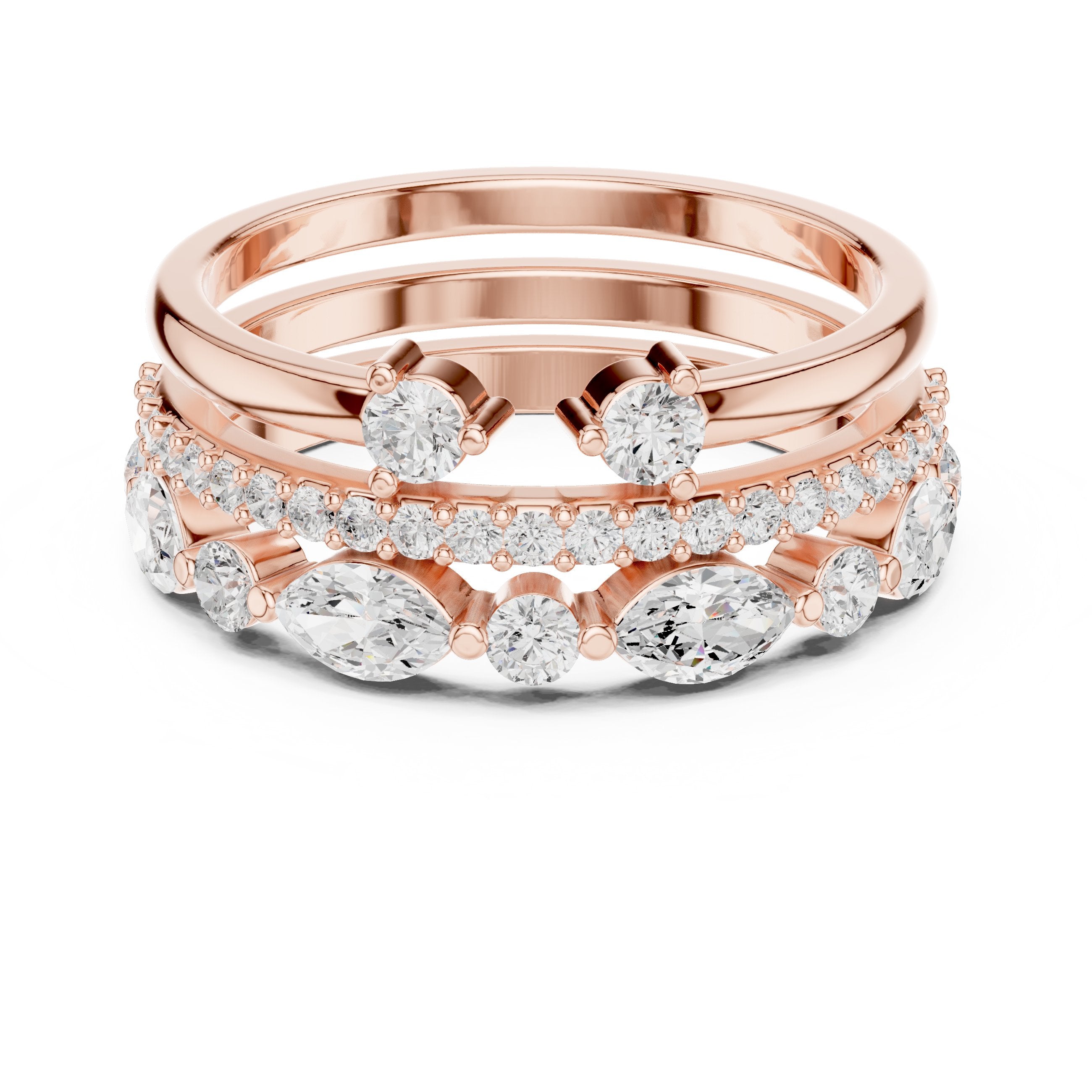 Mixed Marquise and Round Diamond Stackable Wedding Band Set in Rose Gold - VYKA Diamonds