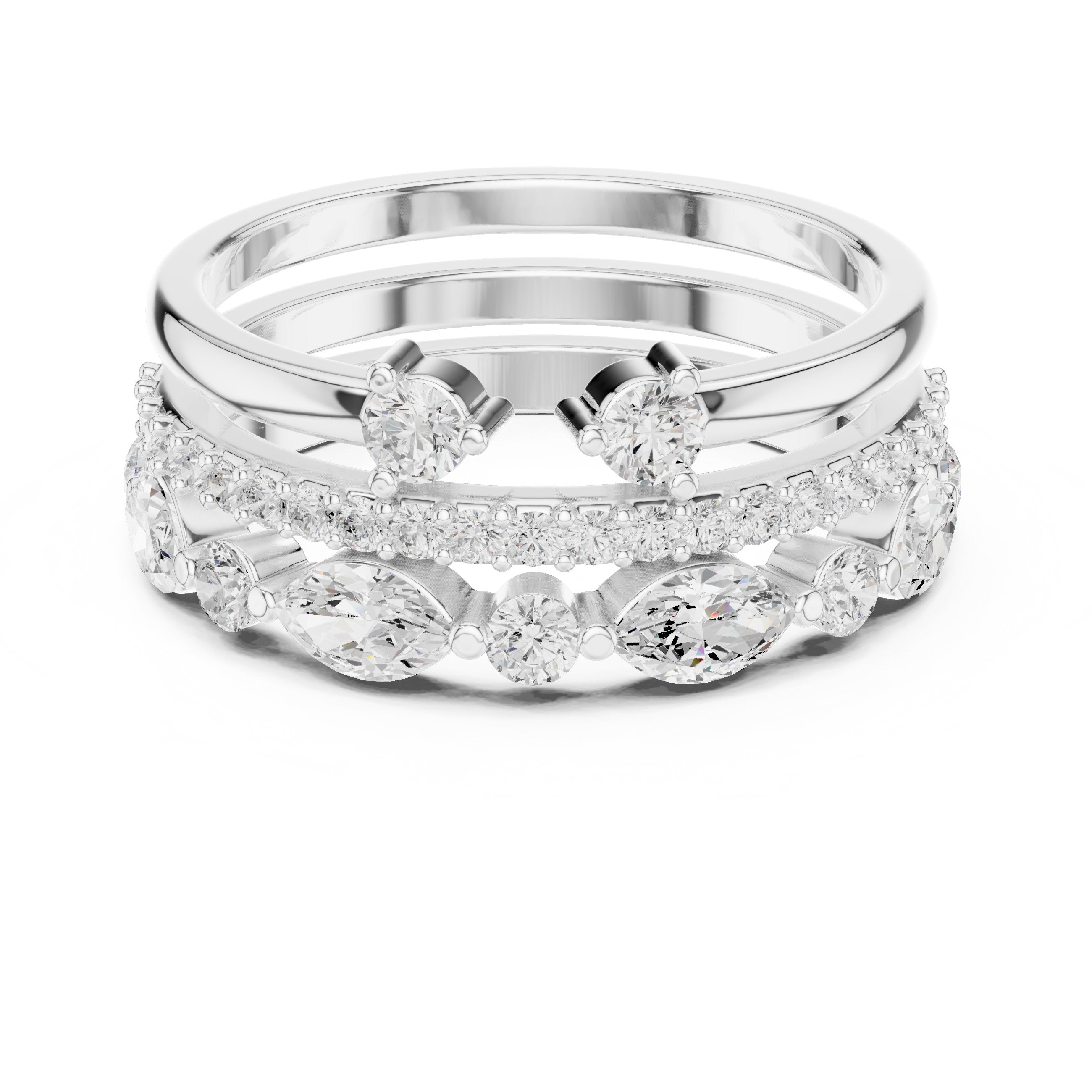 Mixed Marquise and Round Diamond Stackable Wedding Band Set in White Gold - VYKA Diamonds