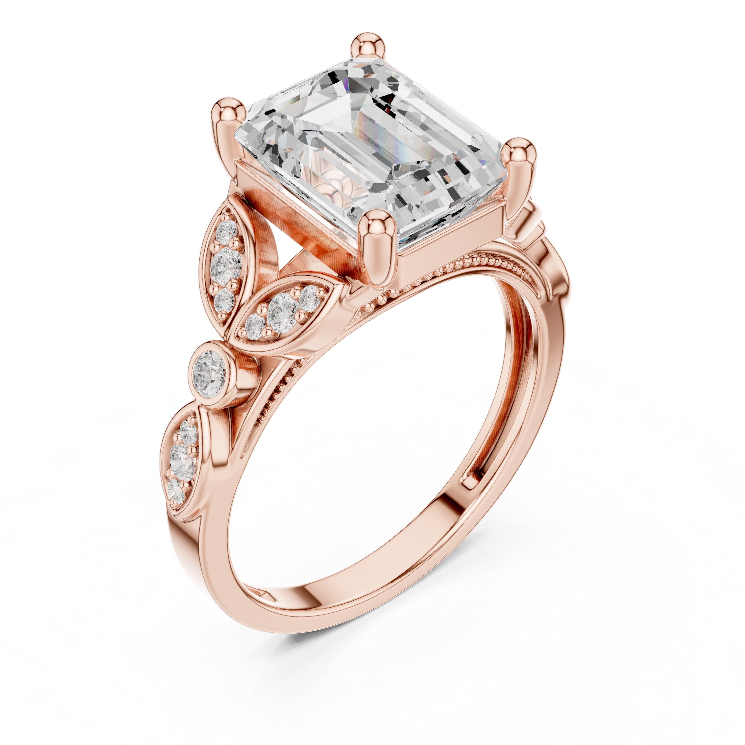 Emerald Cut Engagement Ring with Sculpted Leaf Side Accents in Rose Gold - VYKA Diamonds