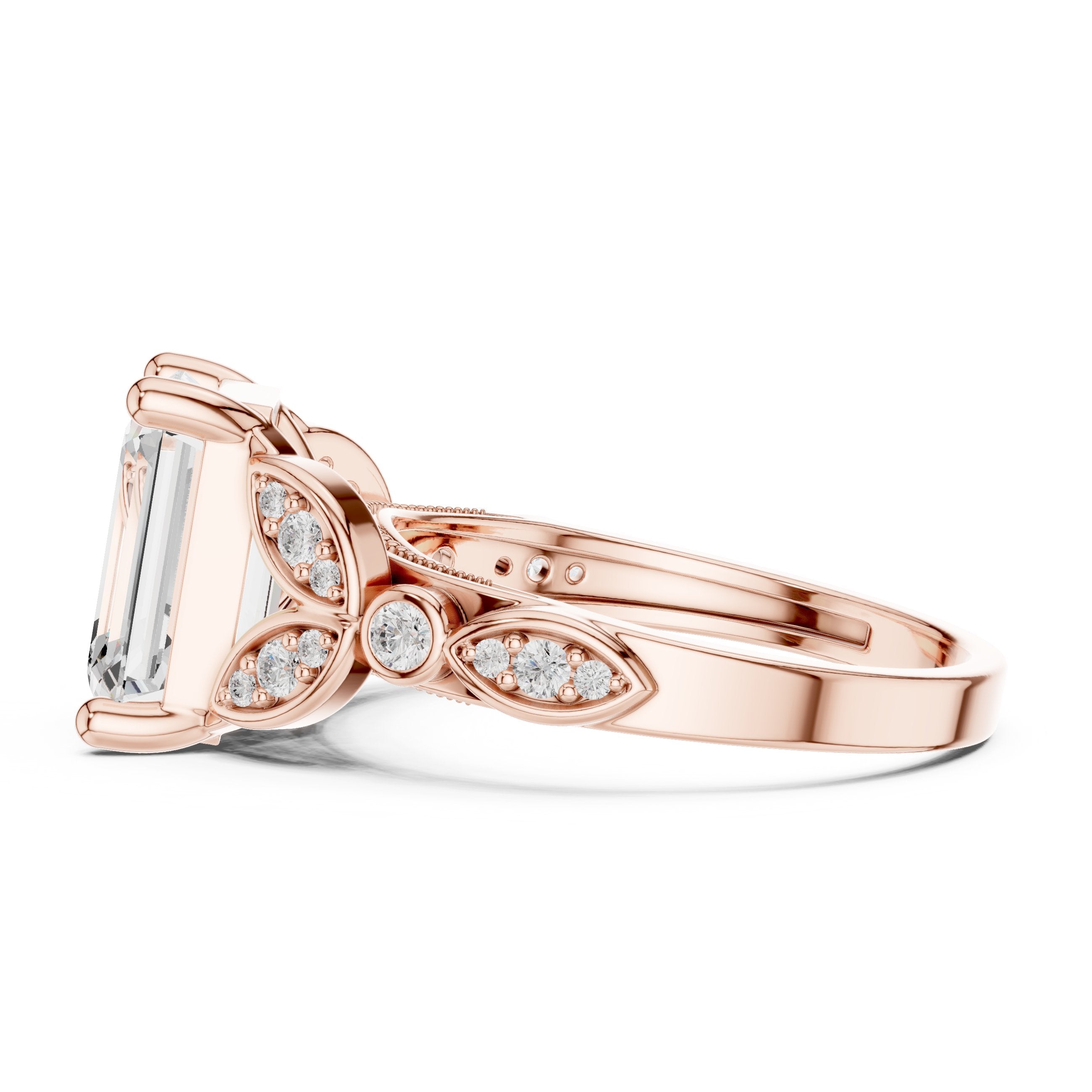 Emerald Cut Engagement Ring with Sculpted Leaf Side Accents in Rose Gold - VYKA Diamonds