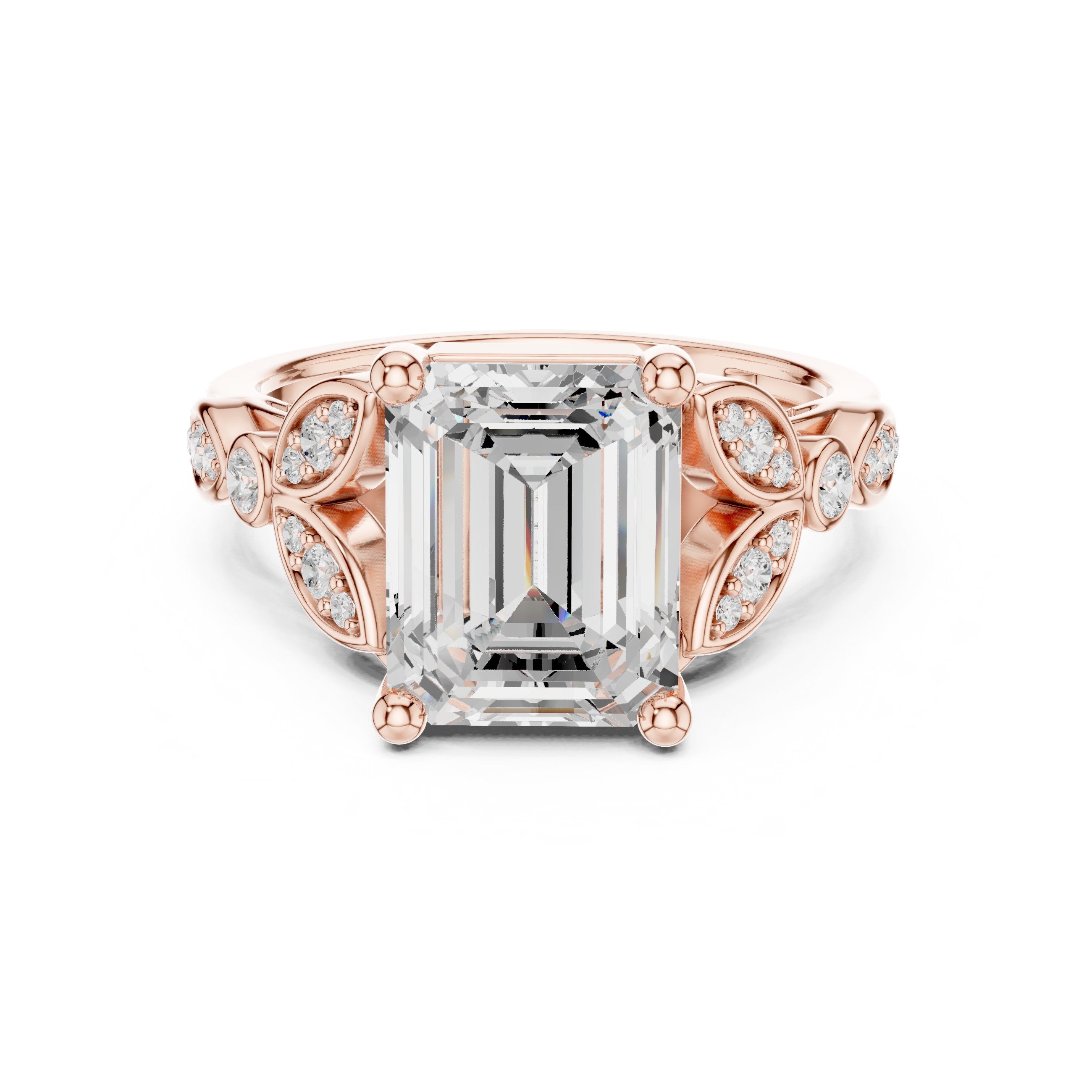 Emerald Cut Engagement Ring with Sculpted Leaf Side Accents in Rose Gold - VYKA Diamonds