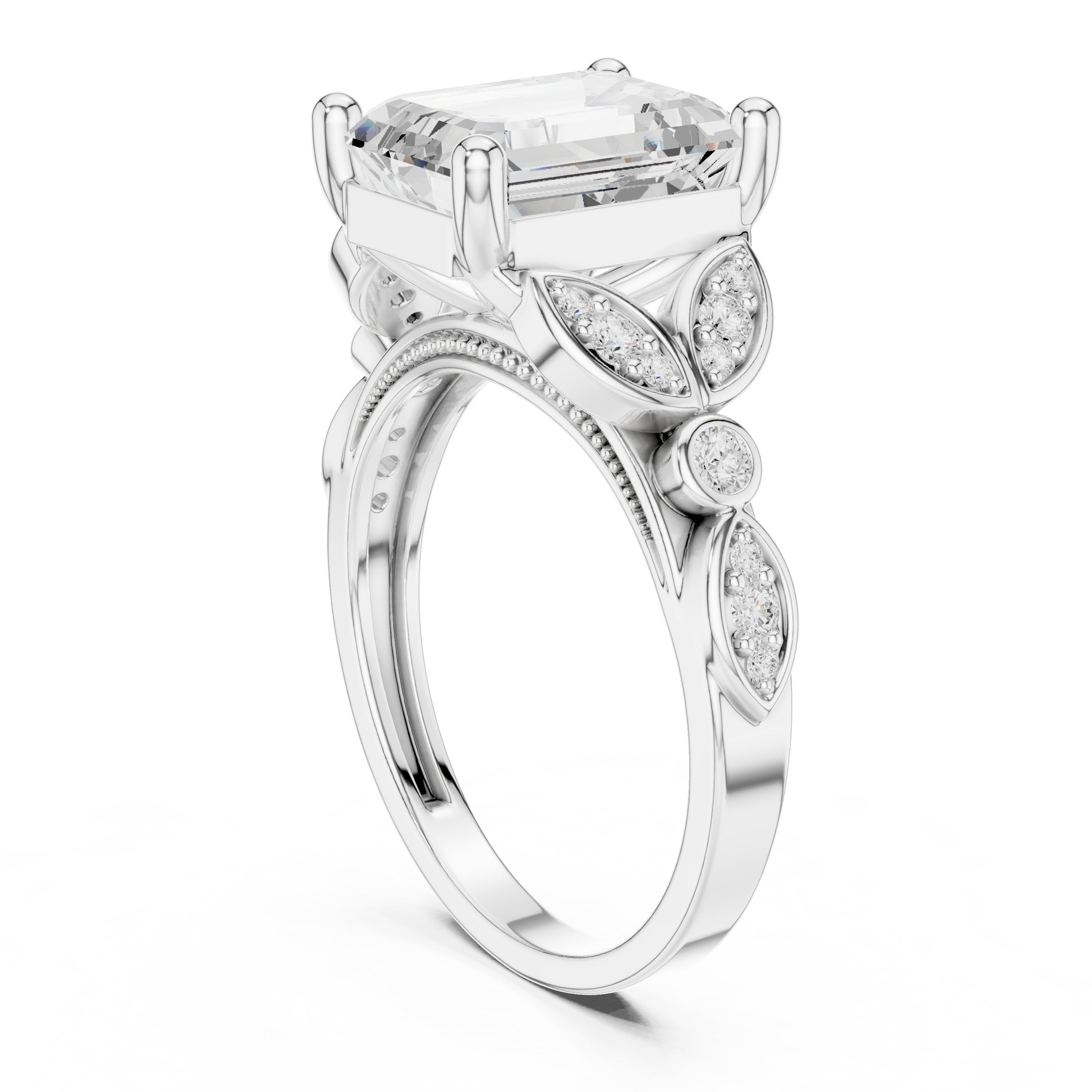 Emerald Cut Engagement Ring with Sculpted Leaf Side Accents in White Gold - VYKA Diamonds