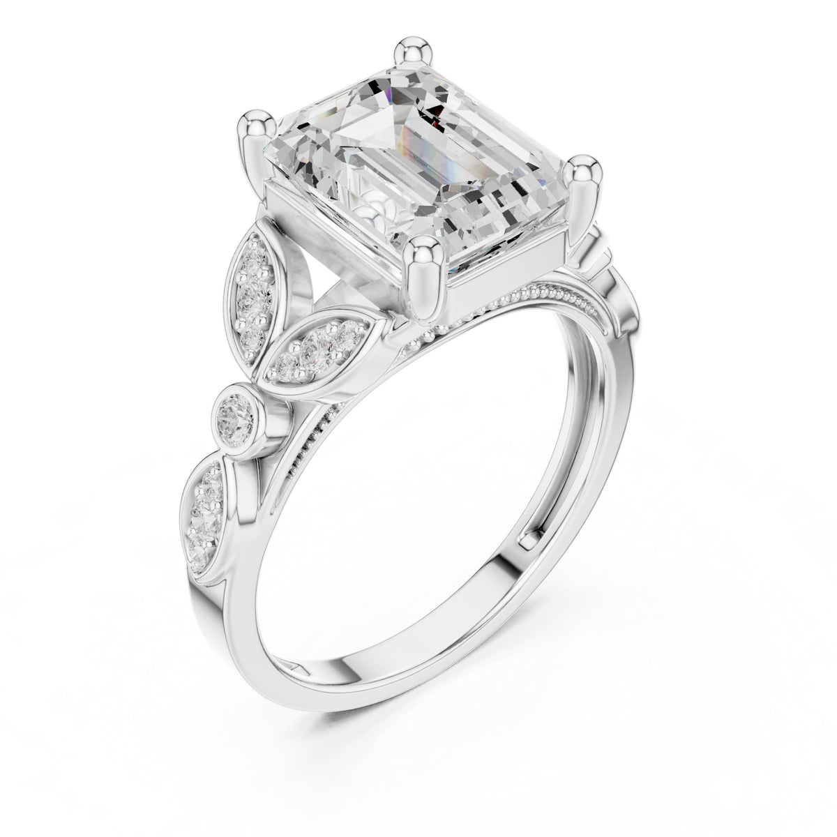 Emerald Cut Engagement Ring with Sculpted Leaf Side Accents