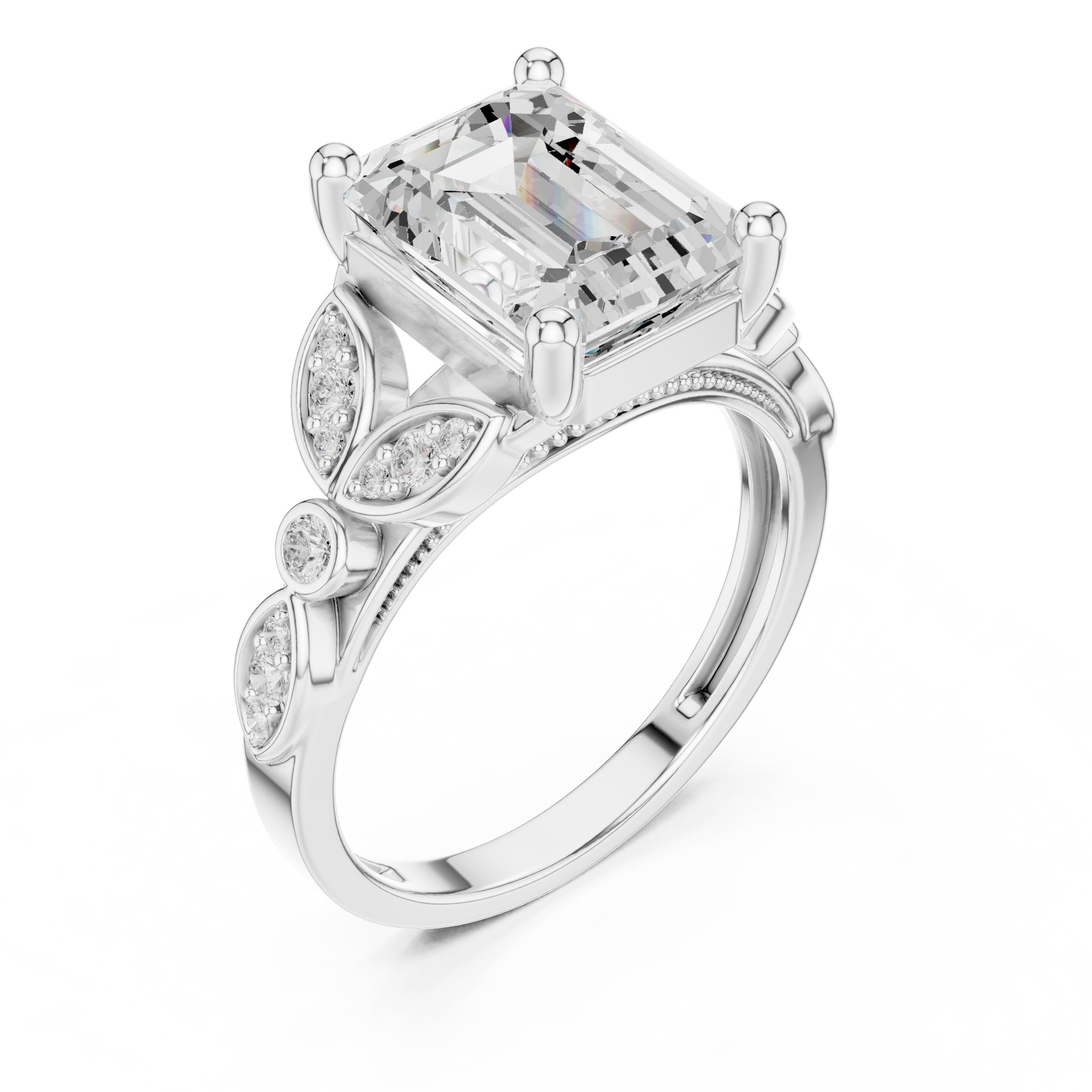 Emerald Cut Engagement Ring with Sculpted Leaf Side Accents in White Gold - VYKA Diamonds