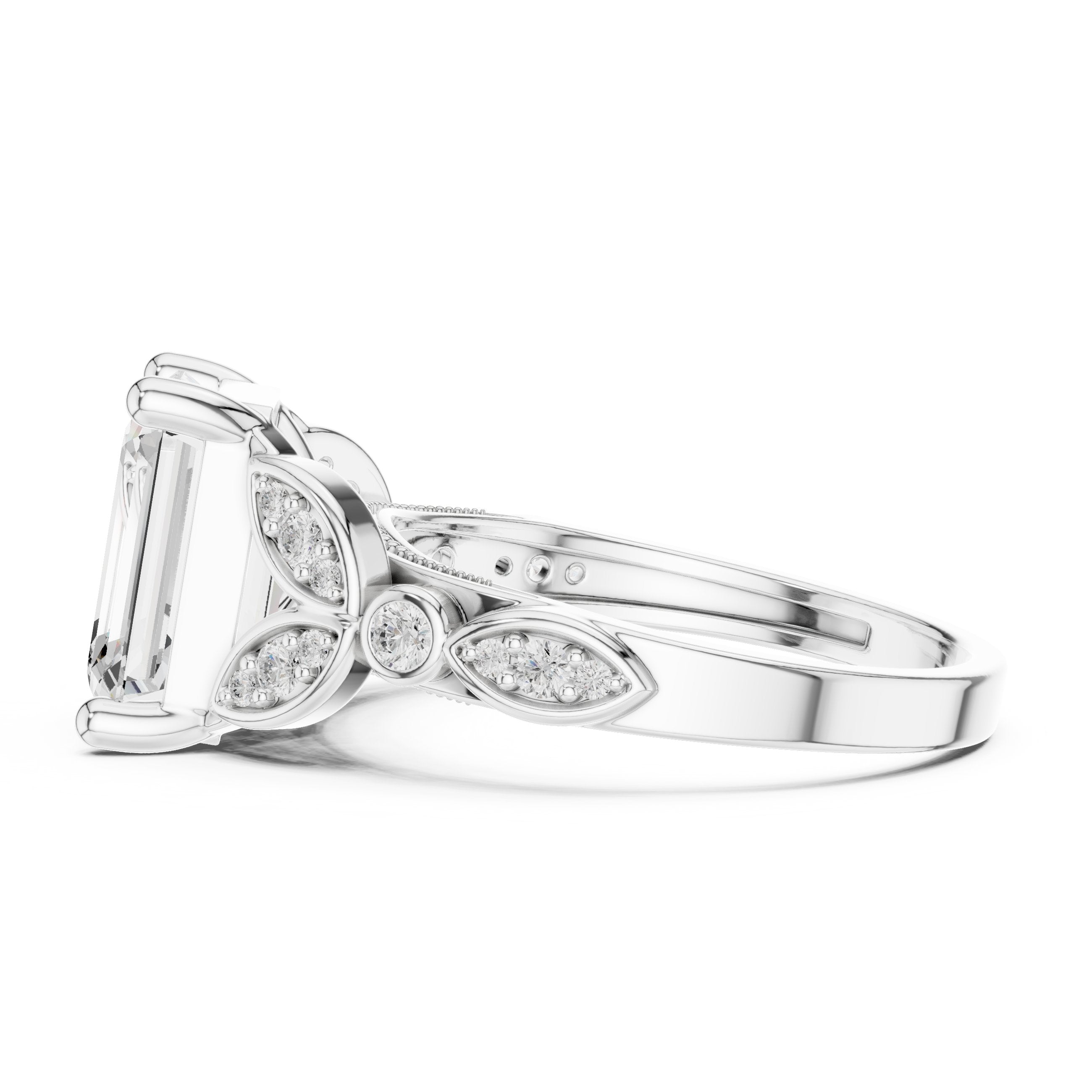 Emerald Cut Engagement Ring with Sculpted Leaf Side Accents in White Gold - VYKA Diamonds