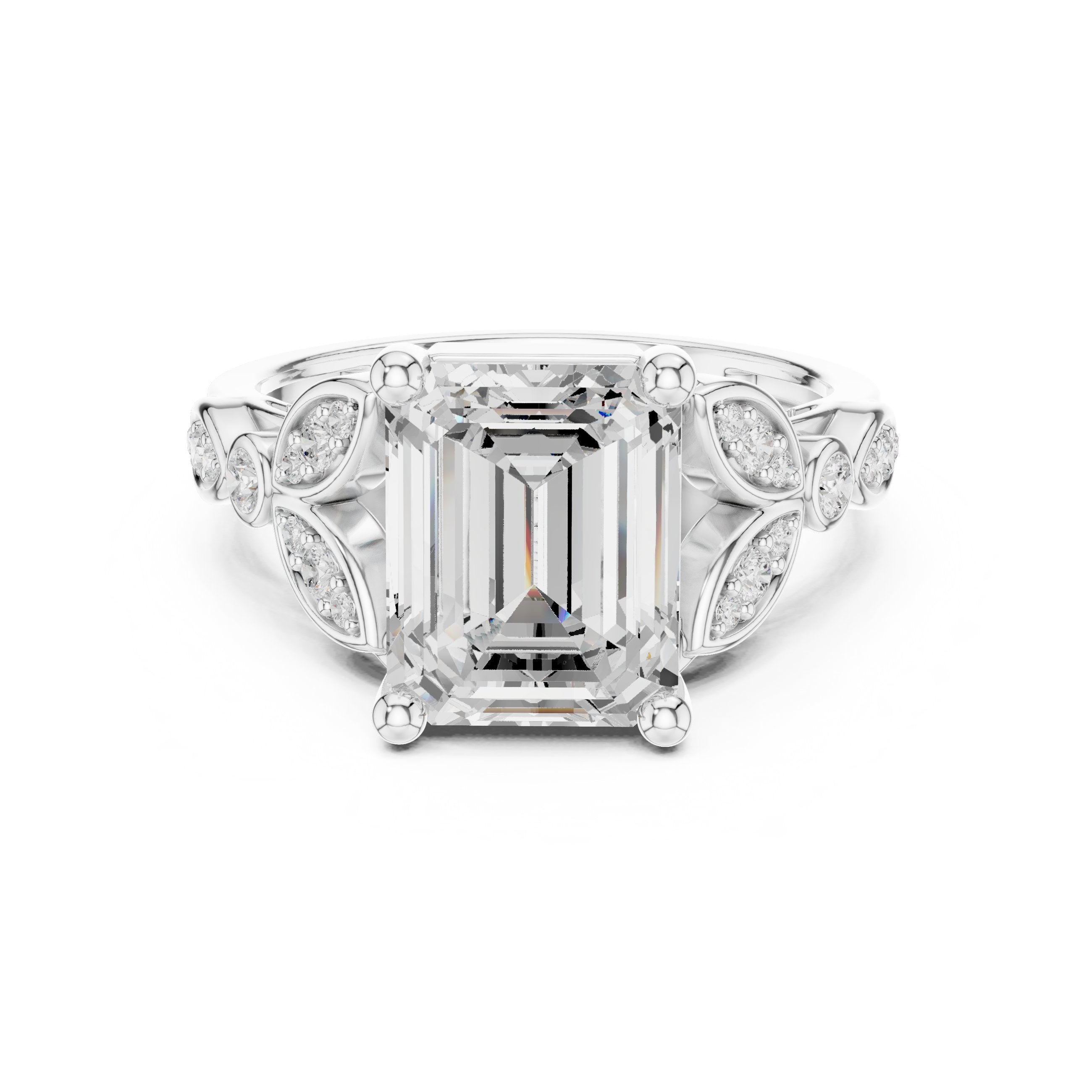 Emerald Cut Engagement Ring with Sculpted Leaf Side Accents in White Gold - VYKA Diamonds