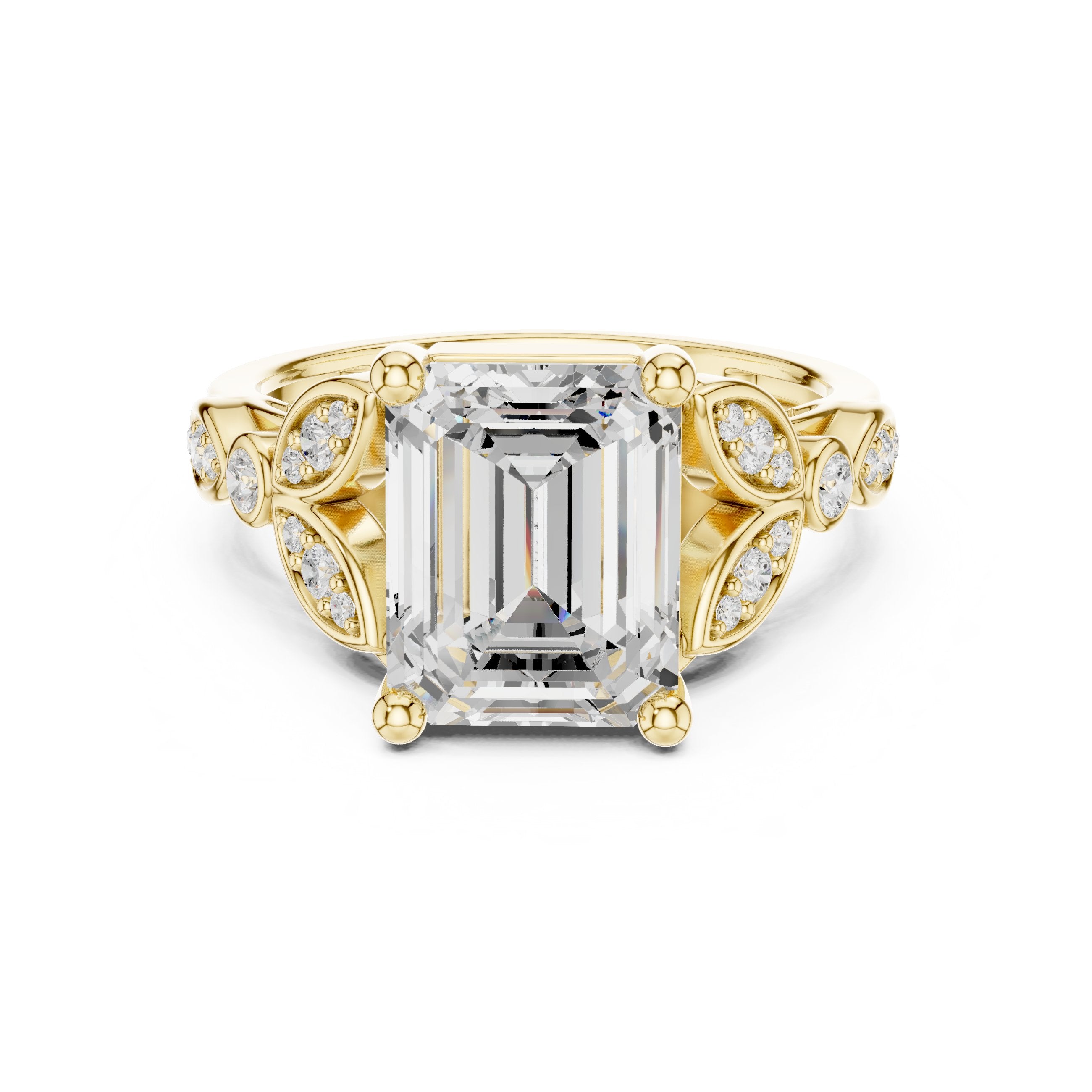 Emerald Cut Engagement Ring with Sculpted Leaf Side Accents in Yellow Gold - VYKA Diamonds
