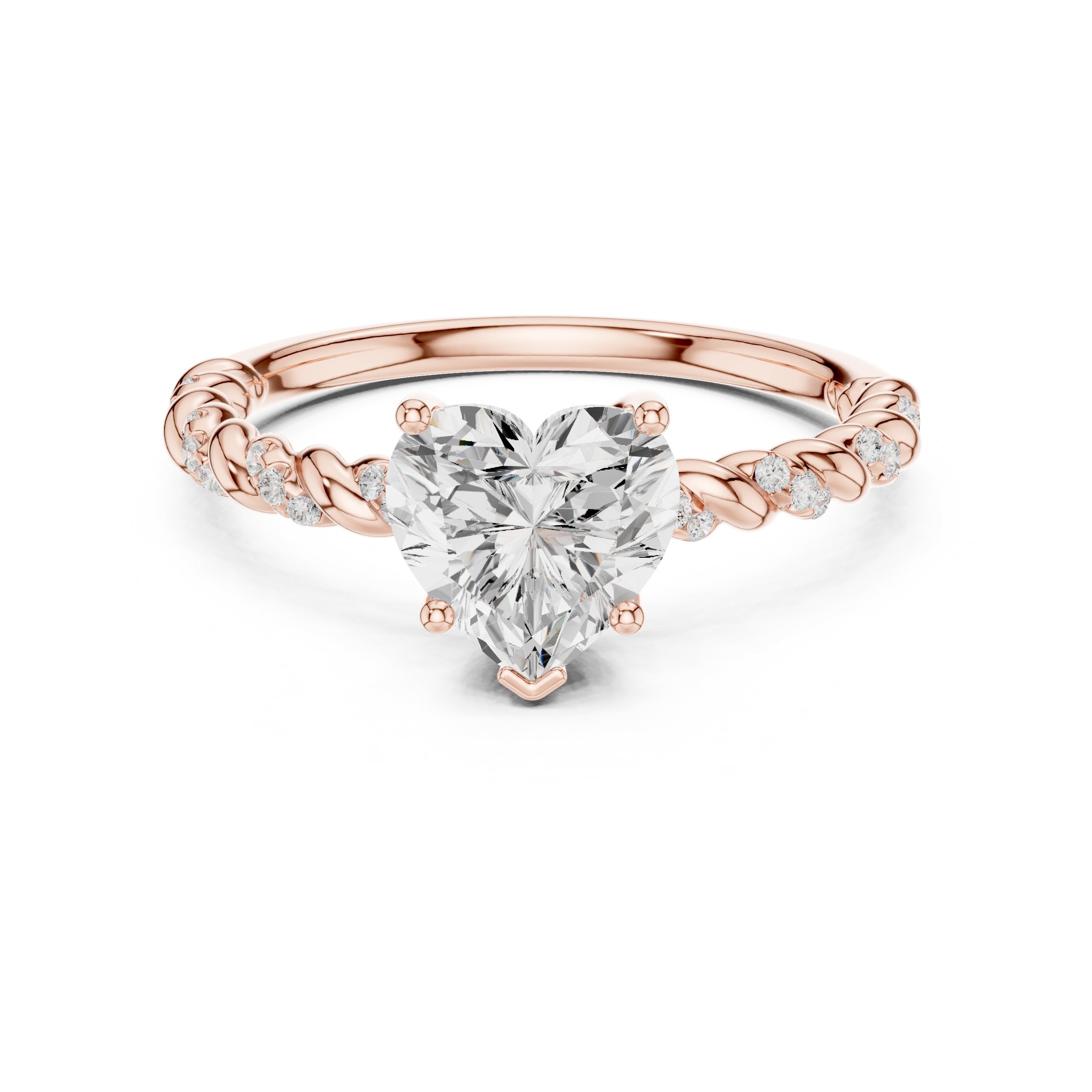 Heart Diamond Engagement Ring with Twisted Rope Band and Side Accents in Rose Gold - VYKA Diamonds