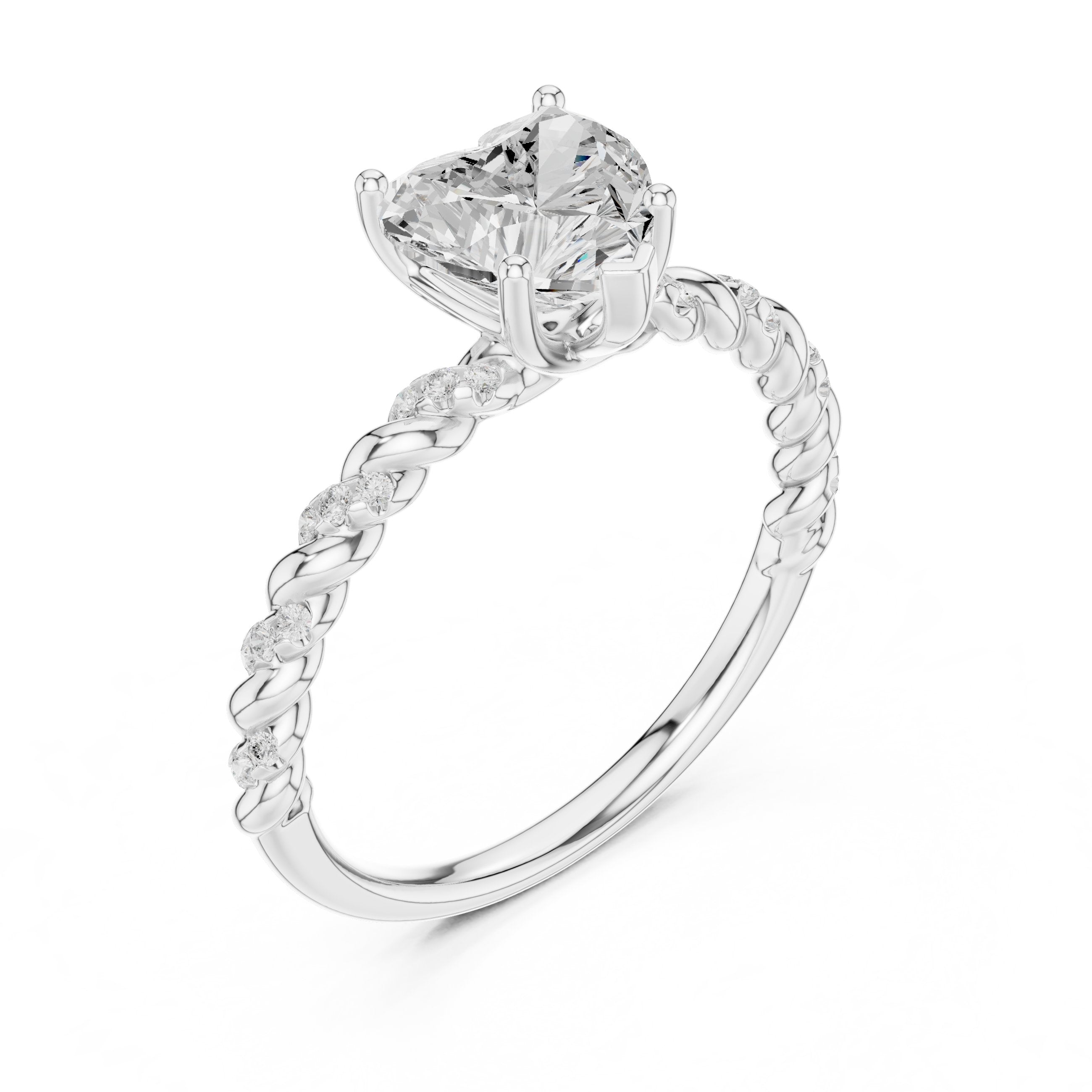 Heart Diamond Engagement Ring with Twisted Rope Band and Side Accents in White Gold - VYKA Diamonds
