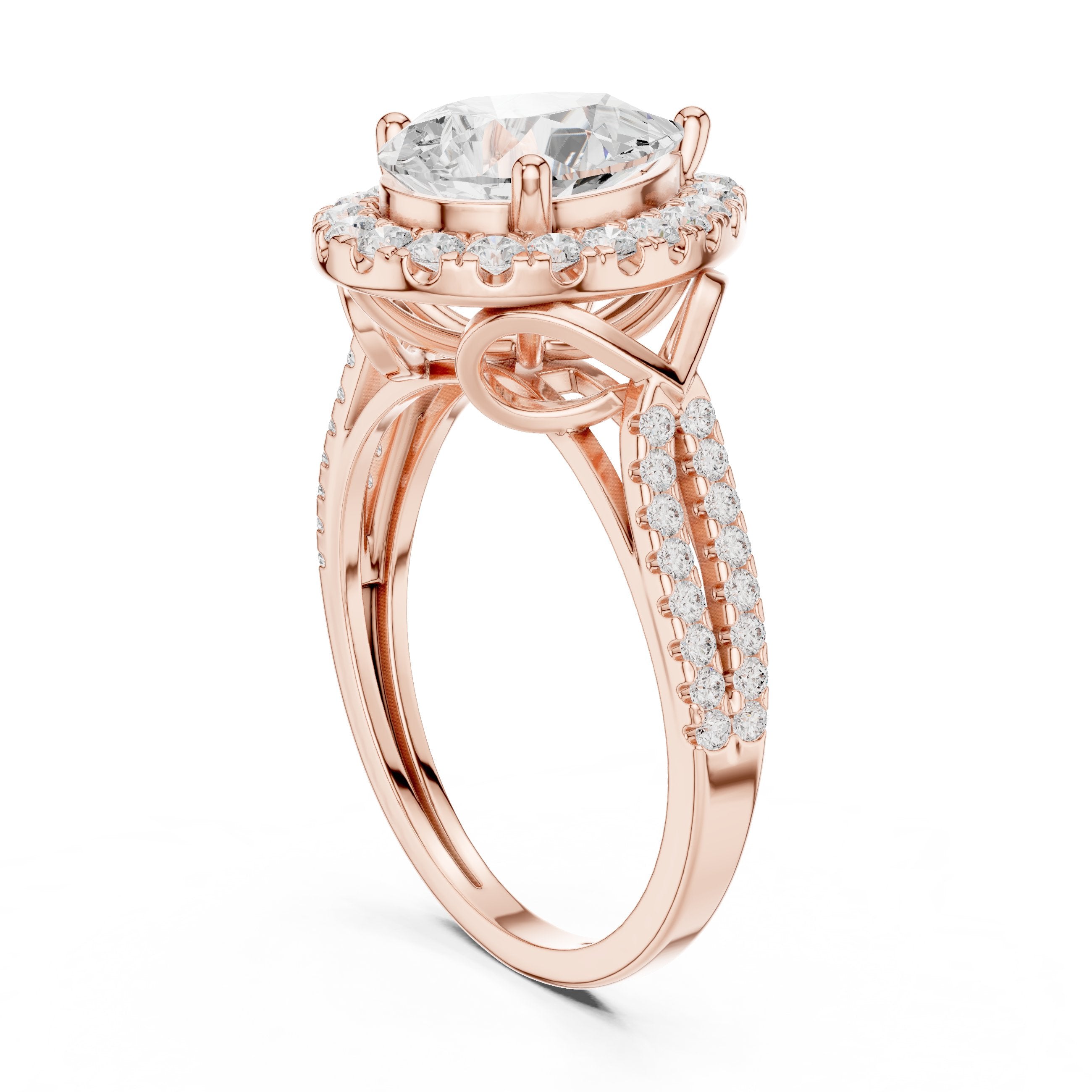 Pear Diamond Halo Engagement Ring with Split Shank Pavé Band in Rose Gold - VYKA Diamonds