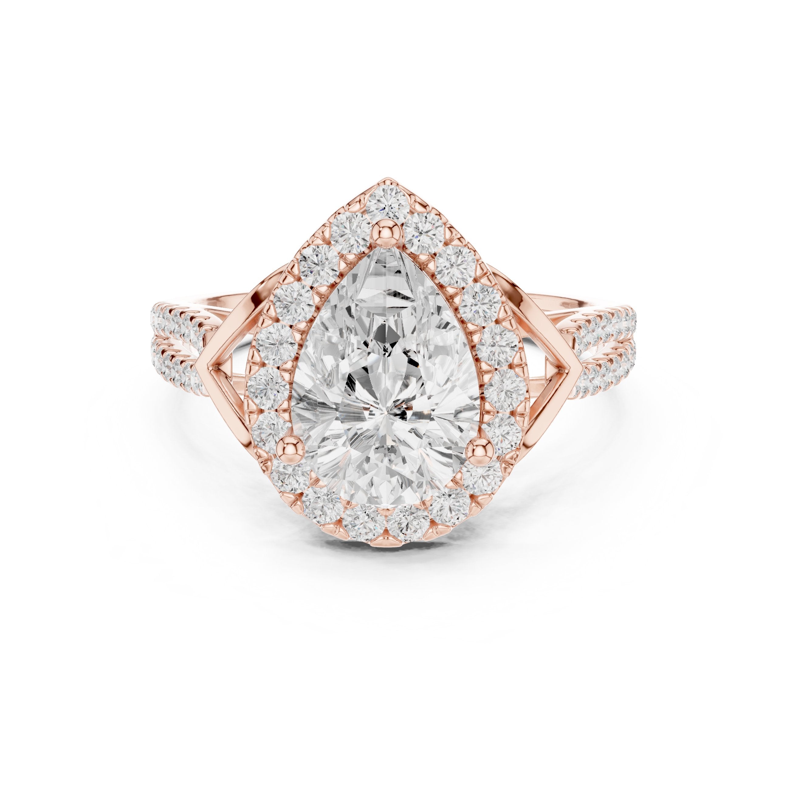 Pear Diamond Halo Engagement Ring with Split Shank Pavé Band in Rose Gold - VYKA Diamonds