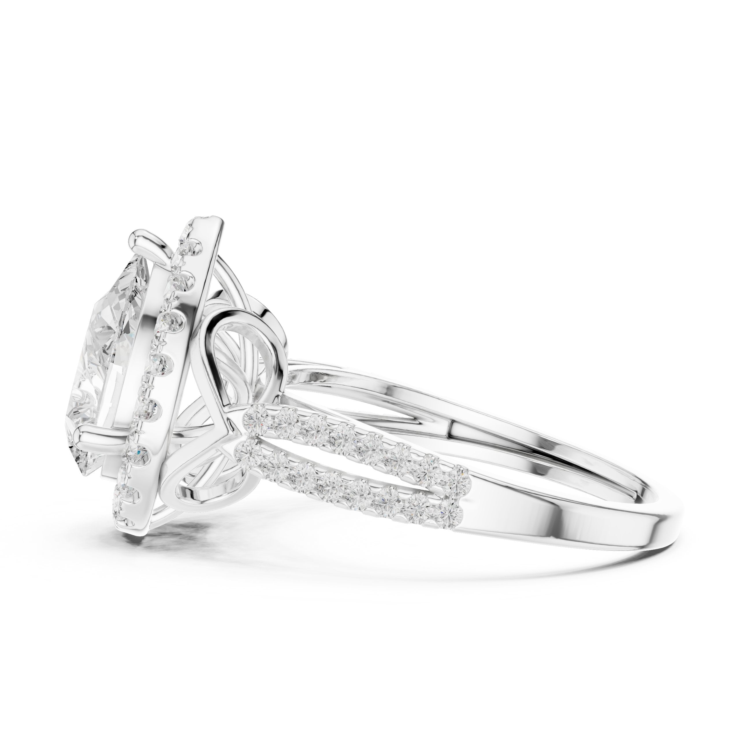 Pear Diamond Halo Engagement Ring with Split Shank Pavé Band in White Gold - VYKA Diamonds