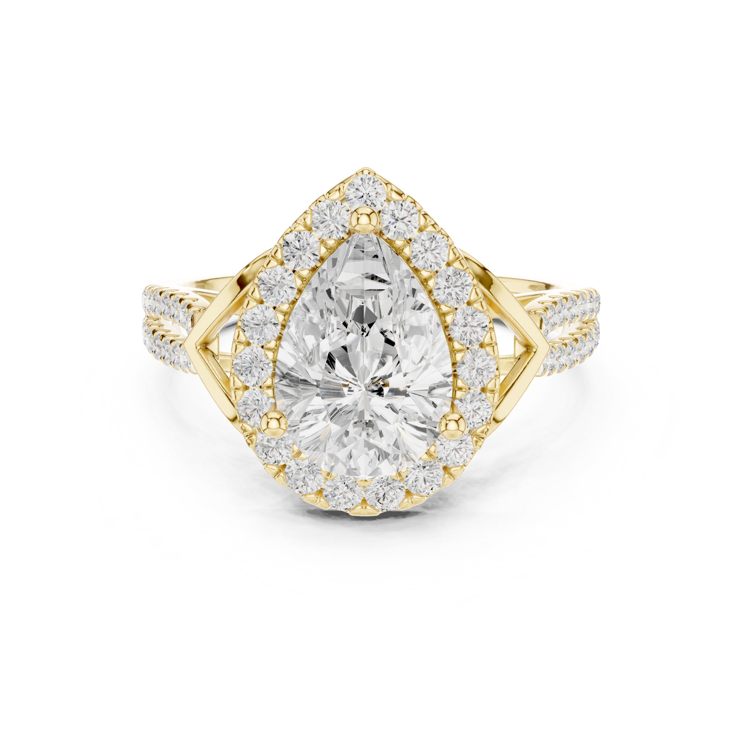Pear Diamond Halo Engagement Ring with Split Shank Pavé Band in Yellow Gold - VYKA Diamonds