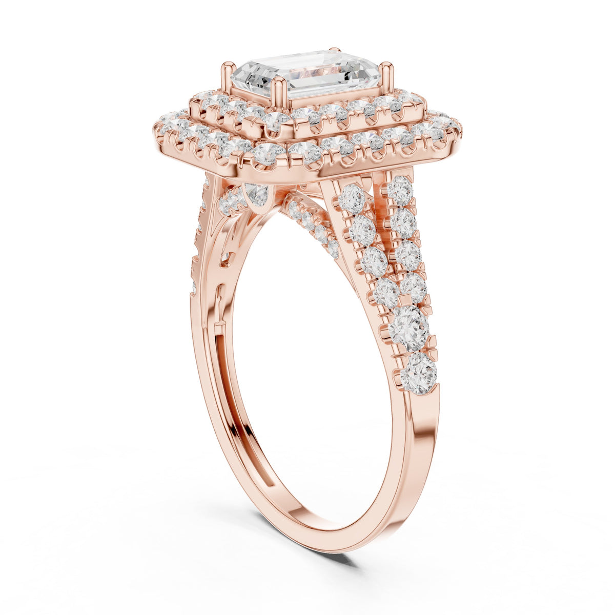 Emerald Cut Double Halo Engagement Ring with Split Shank Pavé Band