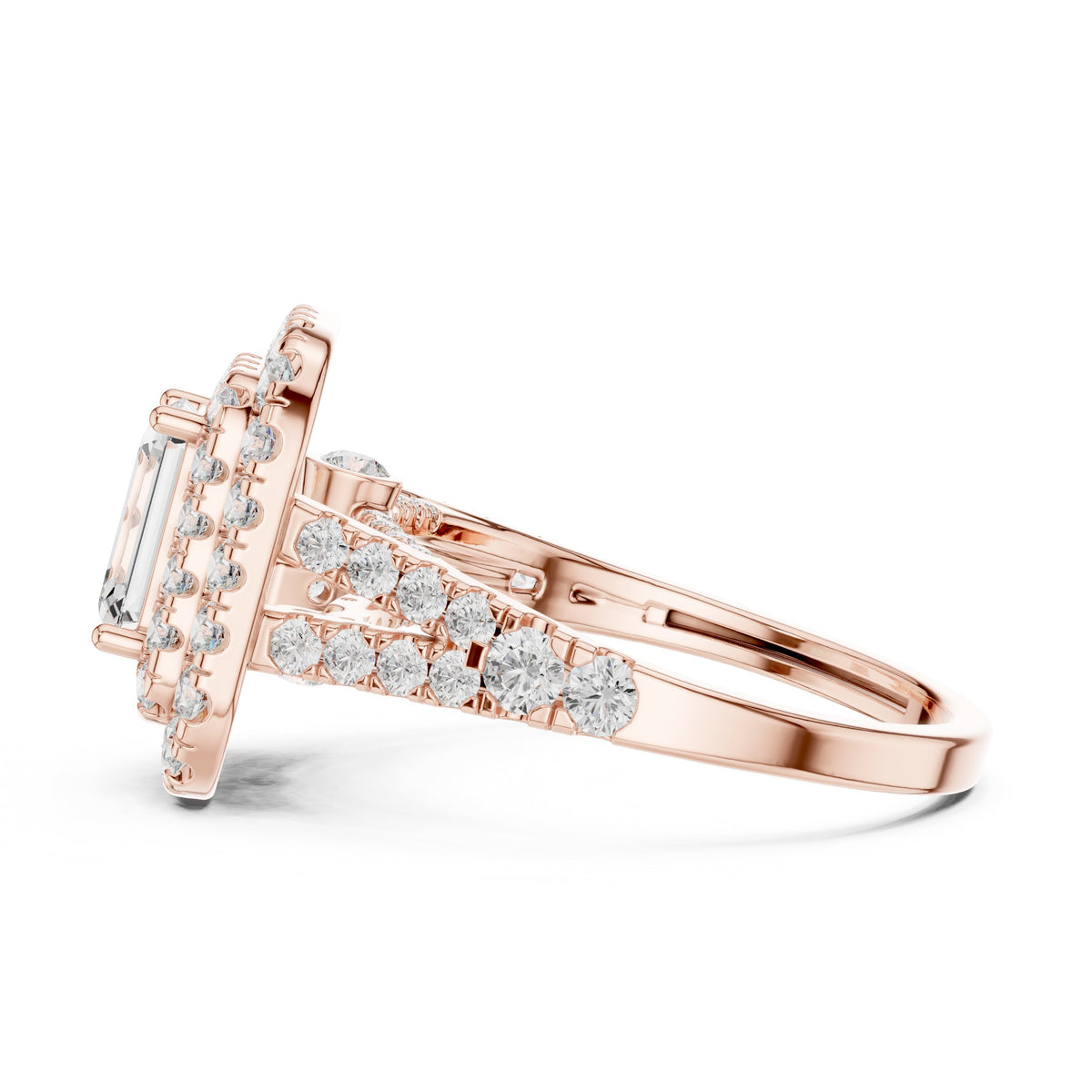 Emerald Cut Double Halo Engagement Ring with Split Shank Pavé Band