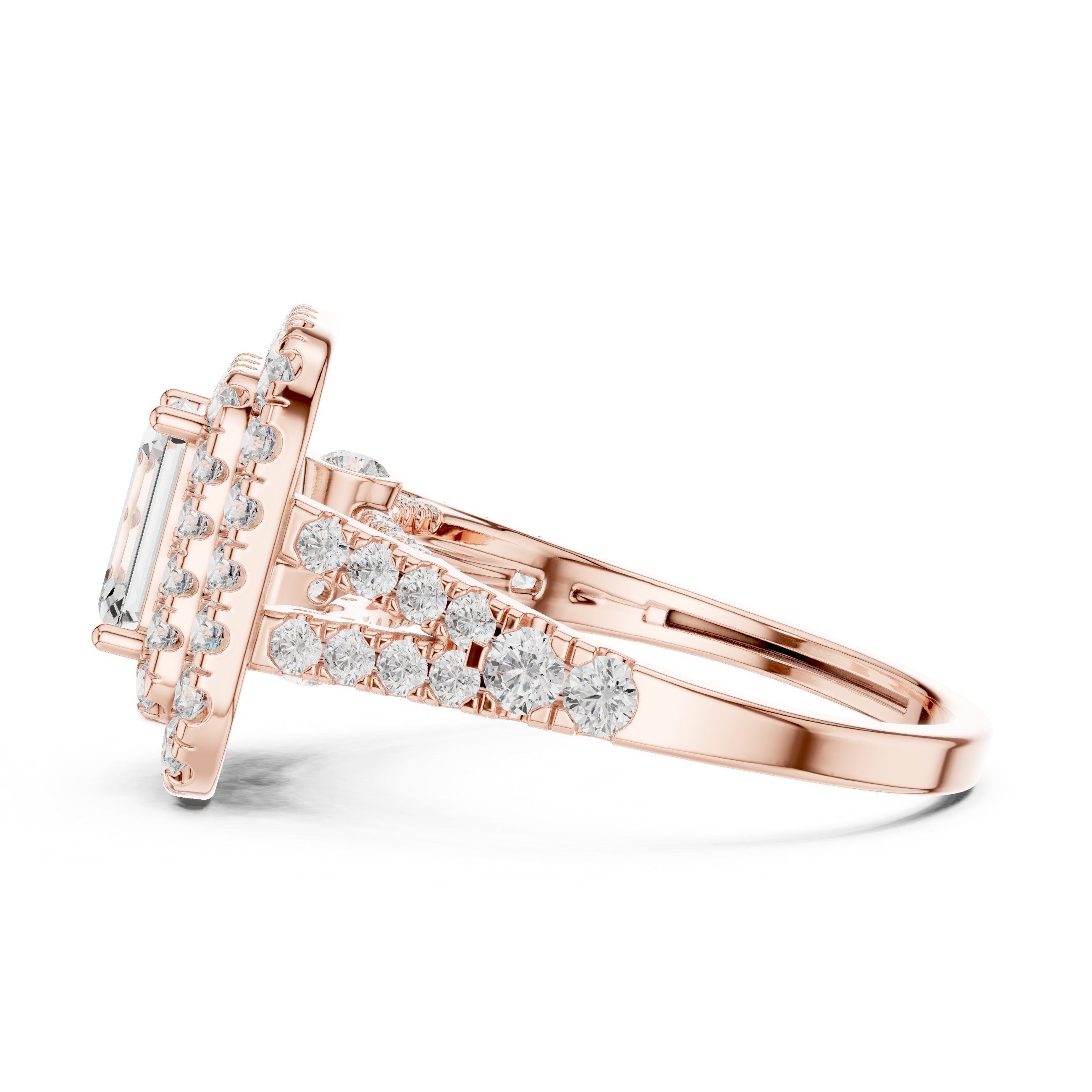 Emerald Cut Double Halo Engagement Ring with Split Shank Pavé Band in Rose Gold - VYKA Diamonds