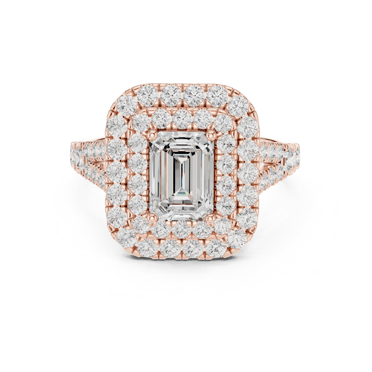 Emerald Cut Double Halo Engagement Ring with Split Shank Pavé Band
