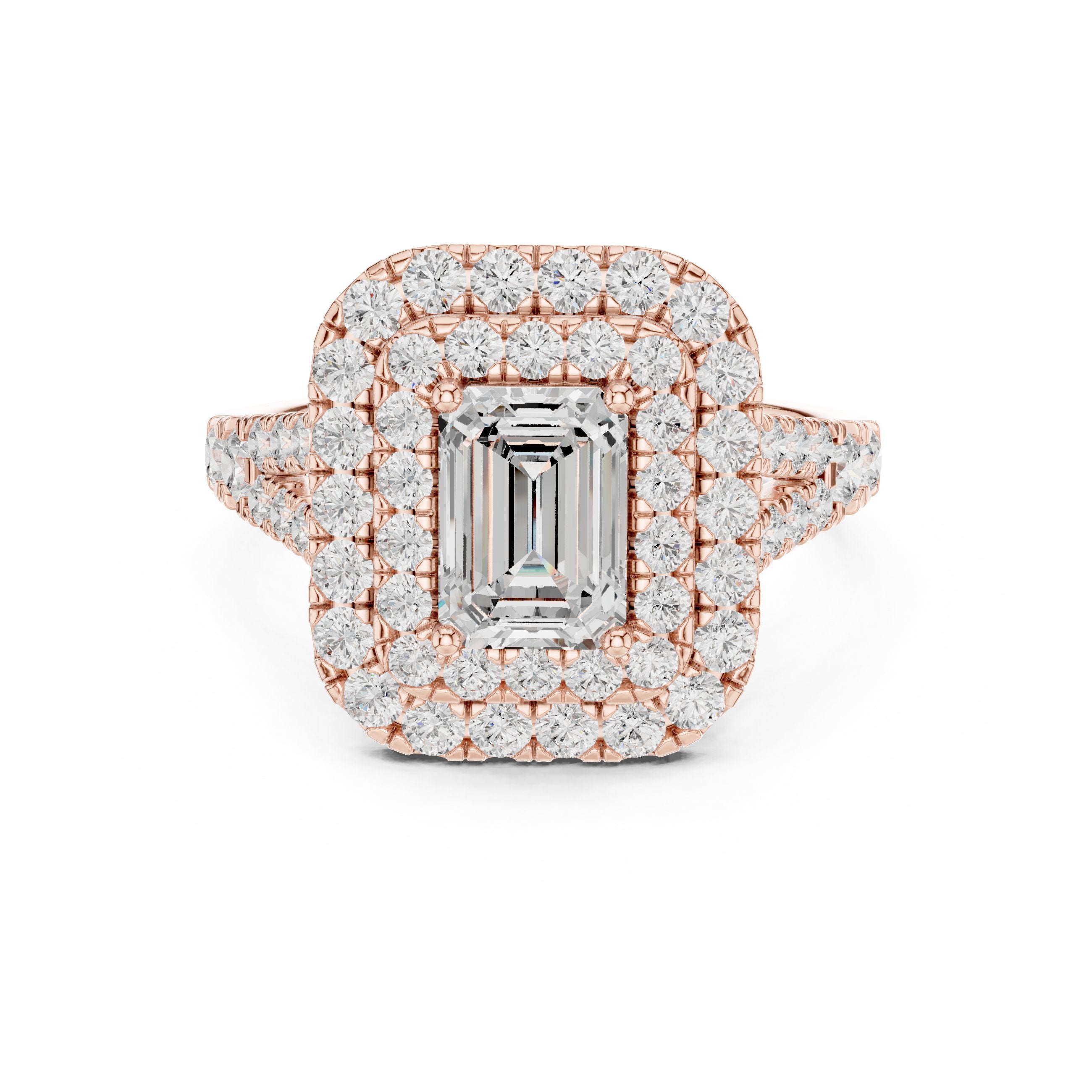 Emerald Cut Double Halo Engagement Ring with Split Shank Pavé Band in Rose Gold - VYKA Diamonds