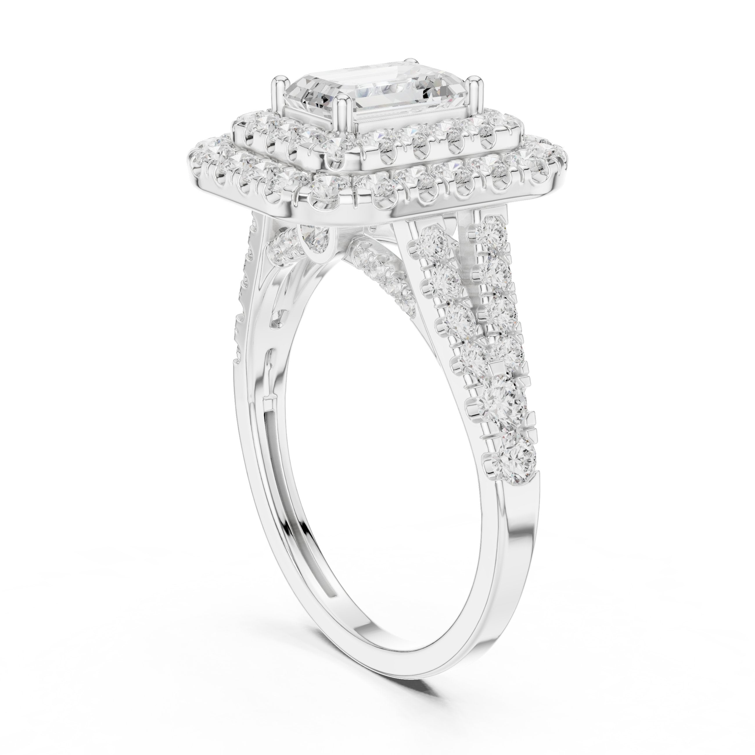 Emerald Cut Double Halo Engagement Ring with Split Shank Pavé Band in White Gold - VYKA Diamonds