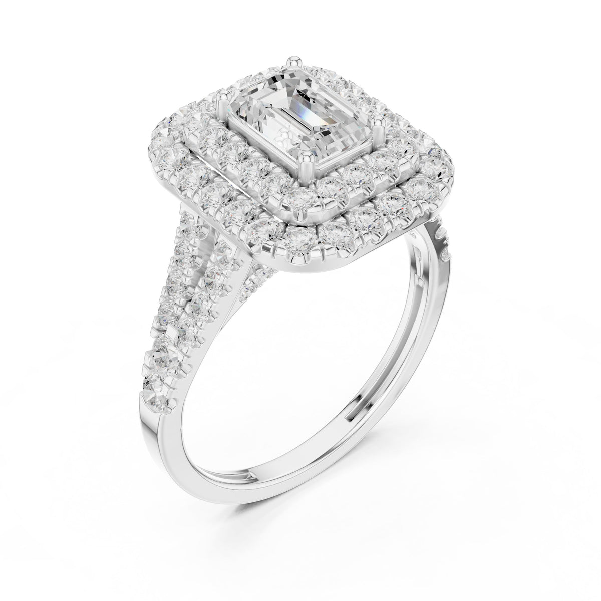 Emerald Cut Double Halo Engagement Ring with Split Shank Pavé Band