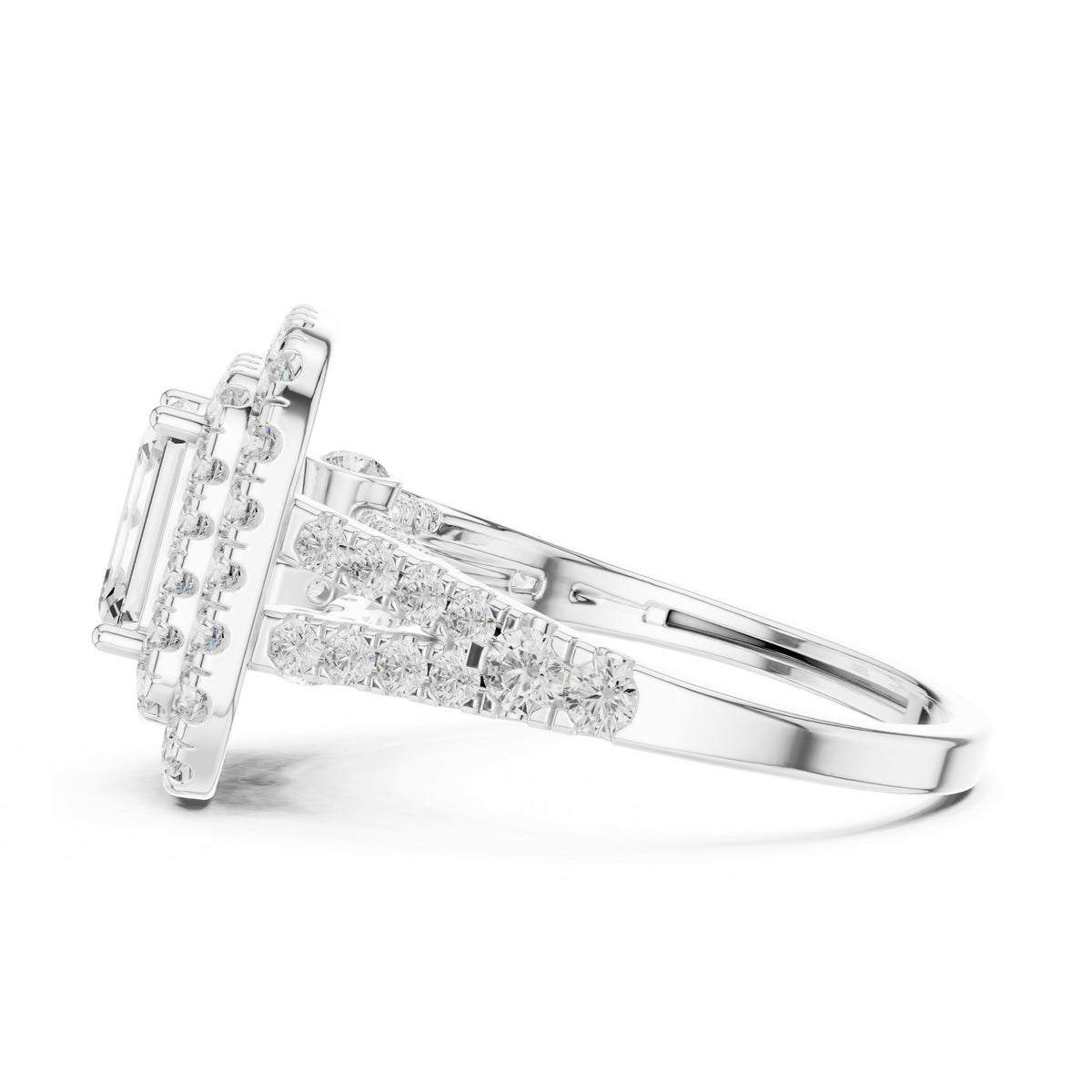 Emerald Cut Double Halo Engagement Ring with Split Shank Pavé Band