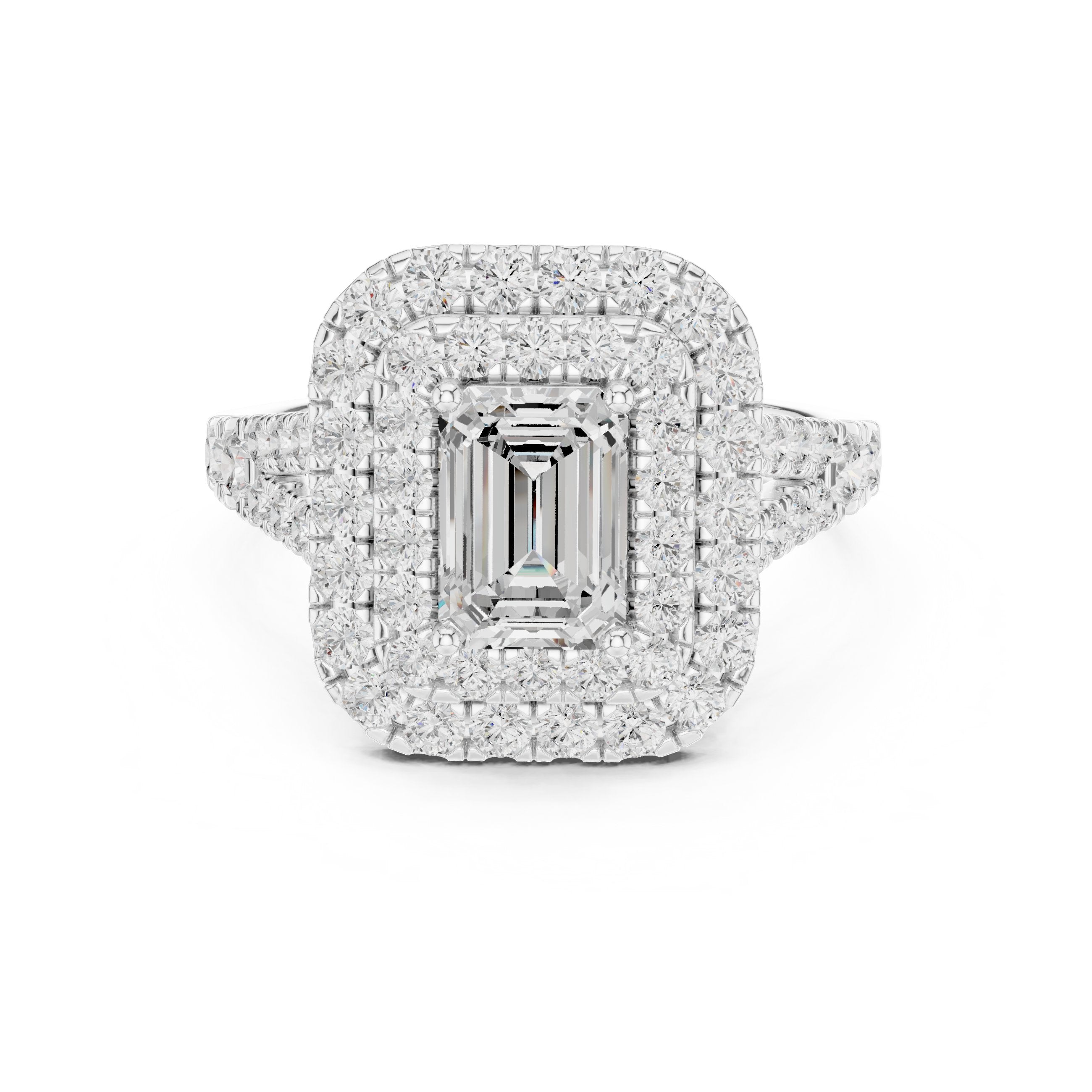 Emerald Cut Double Halo Engagement Ring with Split Shank Pavé Band in White Gold - VYKA Diamonds
