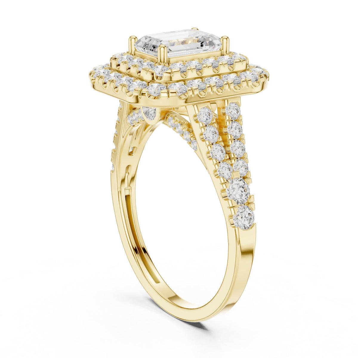 Emerald Cut Double Halo Engagement Ring with Split Shank Pavé Band