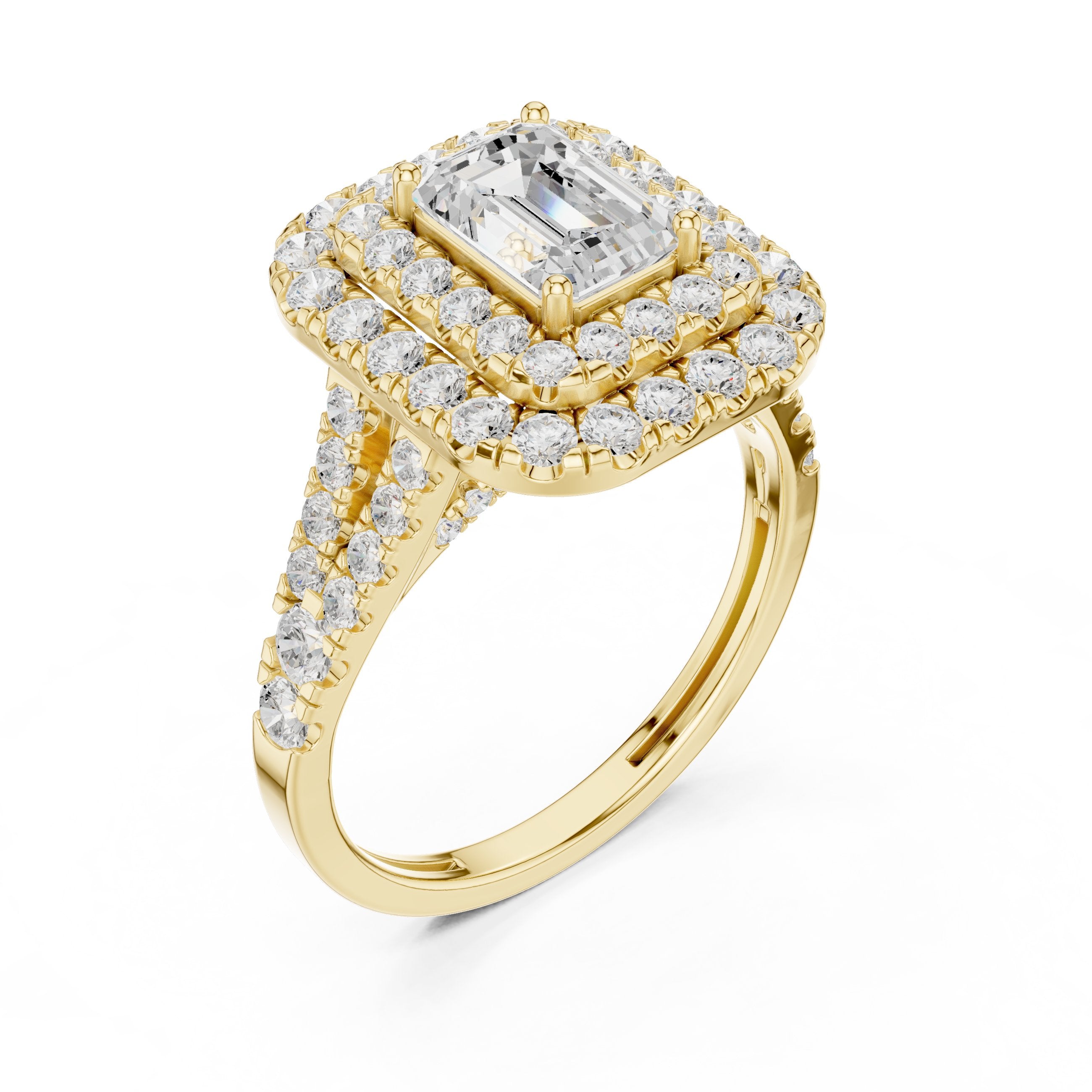 Emerald Cut Double Halo Engagement Ring with Split Shank Pavé Band in Yellow Gold - VYKA Diamonds