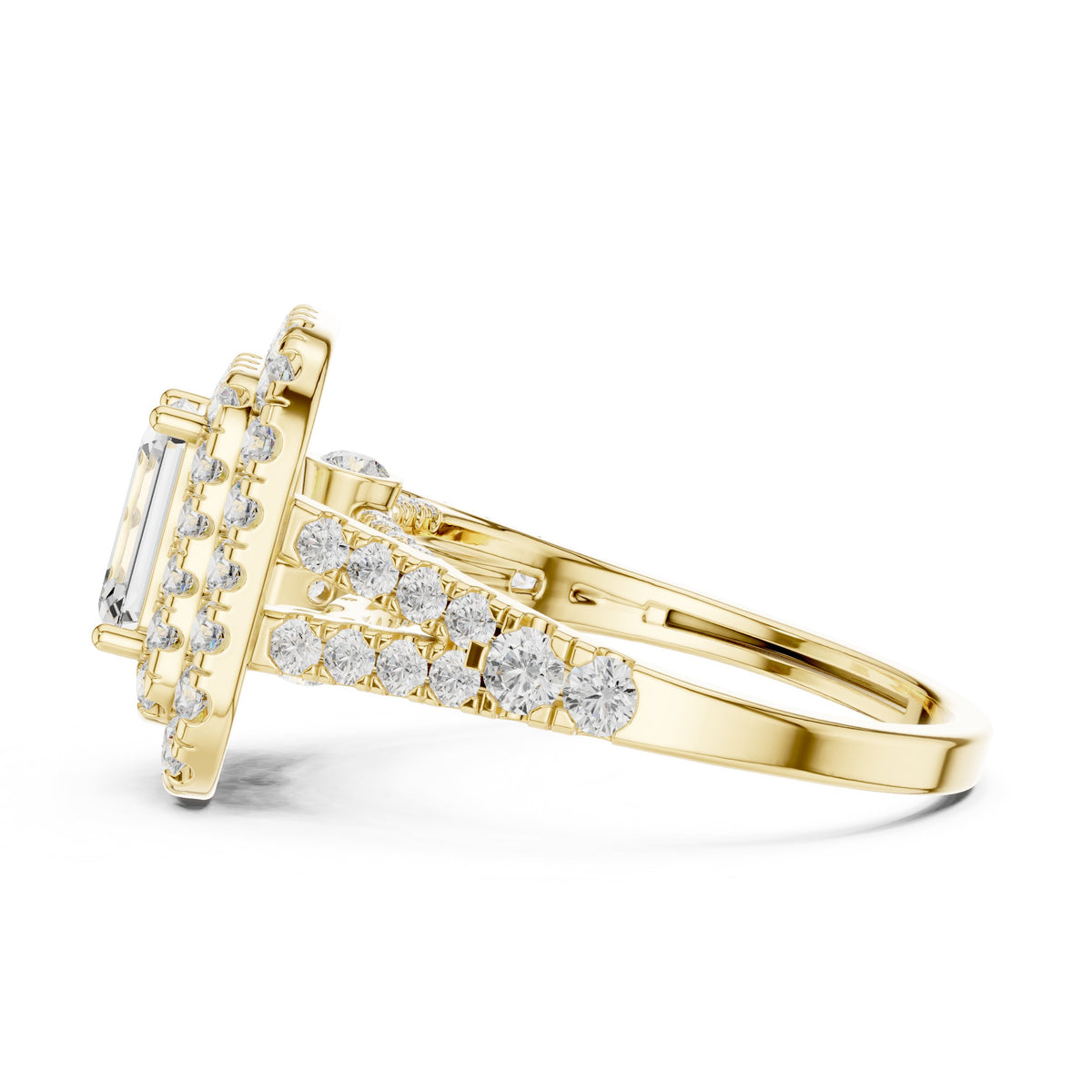 Emerald Cut Double Halo Engagement Ring with Split Shank Pavé Band