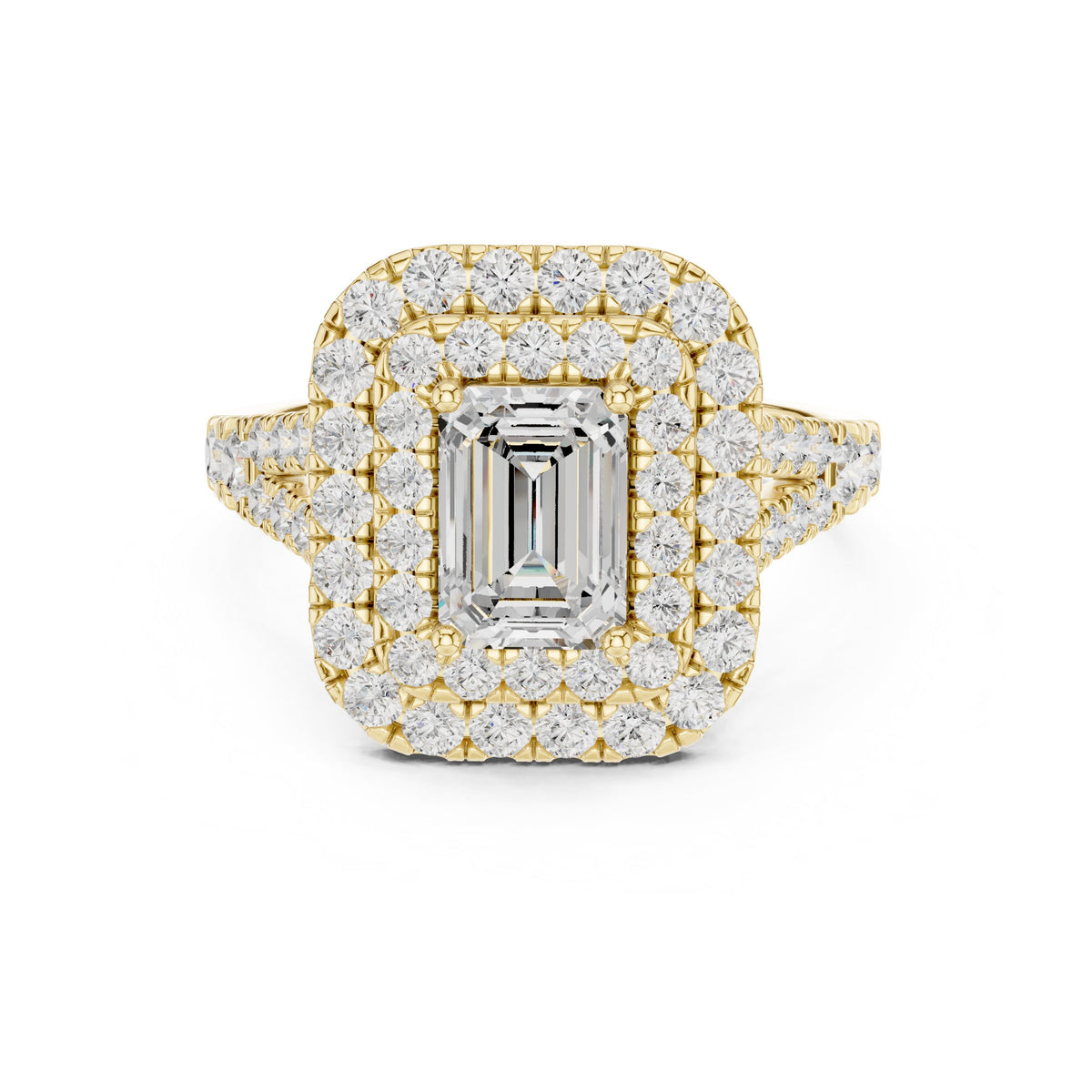 Emerald Cut Double Halo Engagement Ring with Split Shank Pavé Band