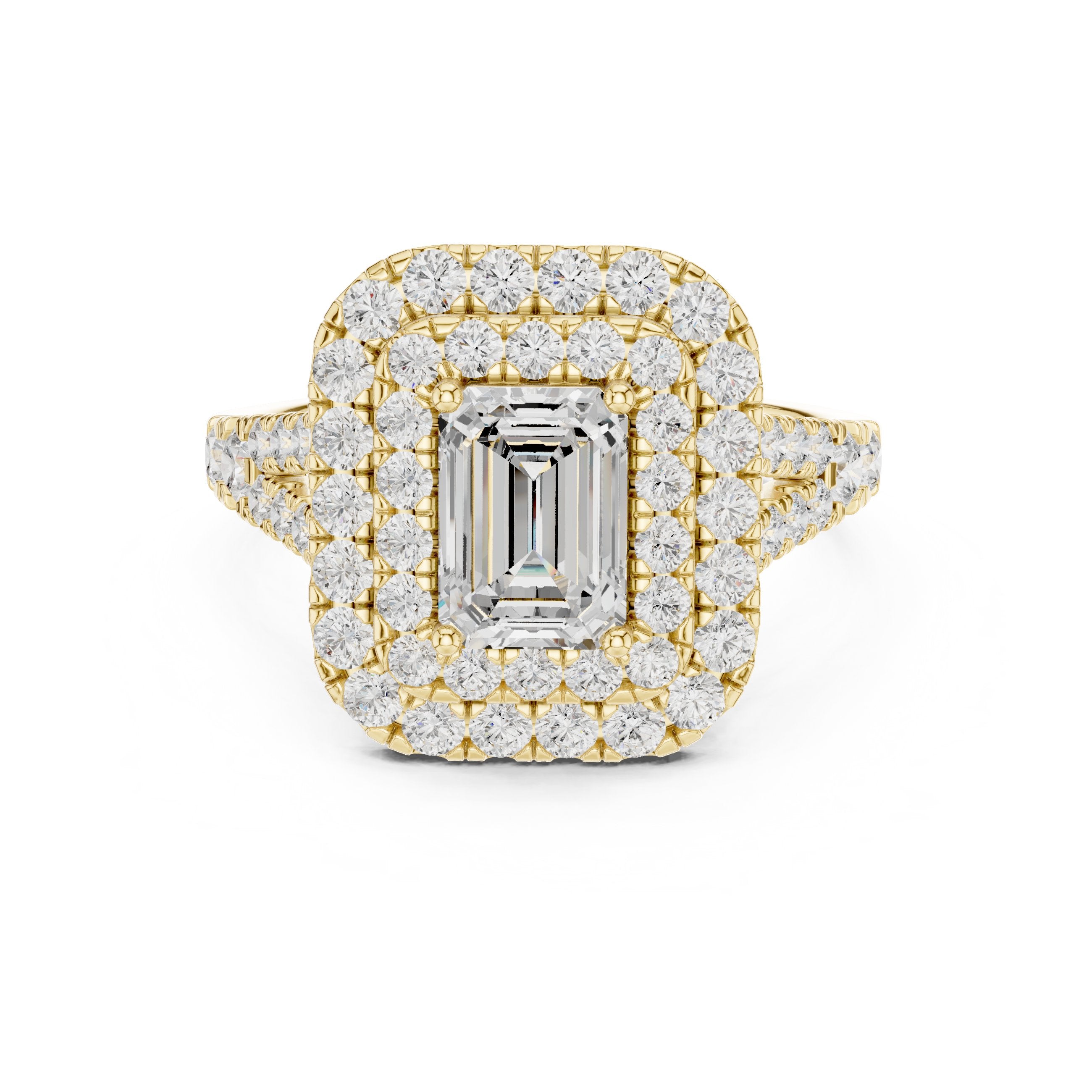 Emerald Cut Double Halo Engagement Ring with Split Shank Pavé Band in Yellow Gold - VYKA Diamonds