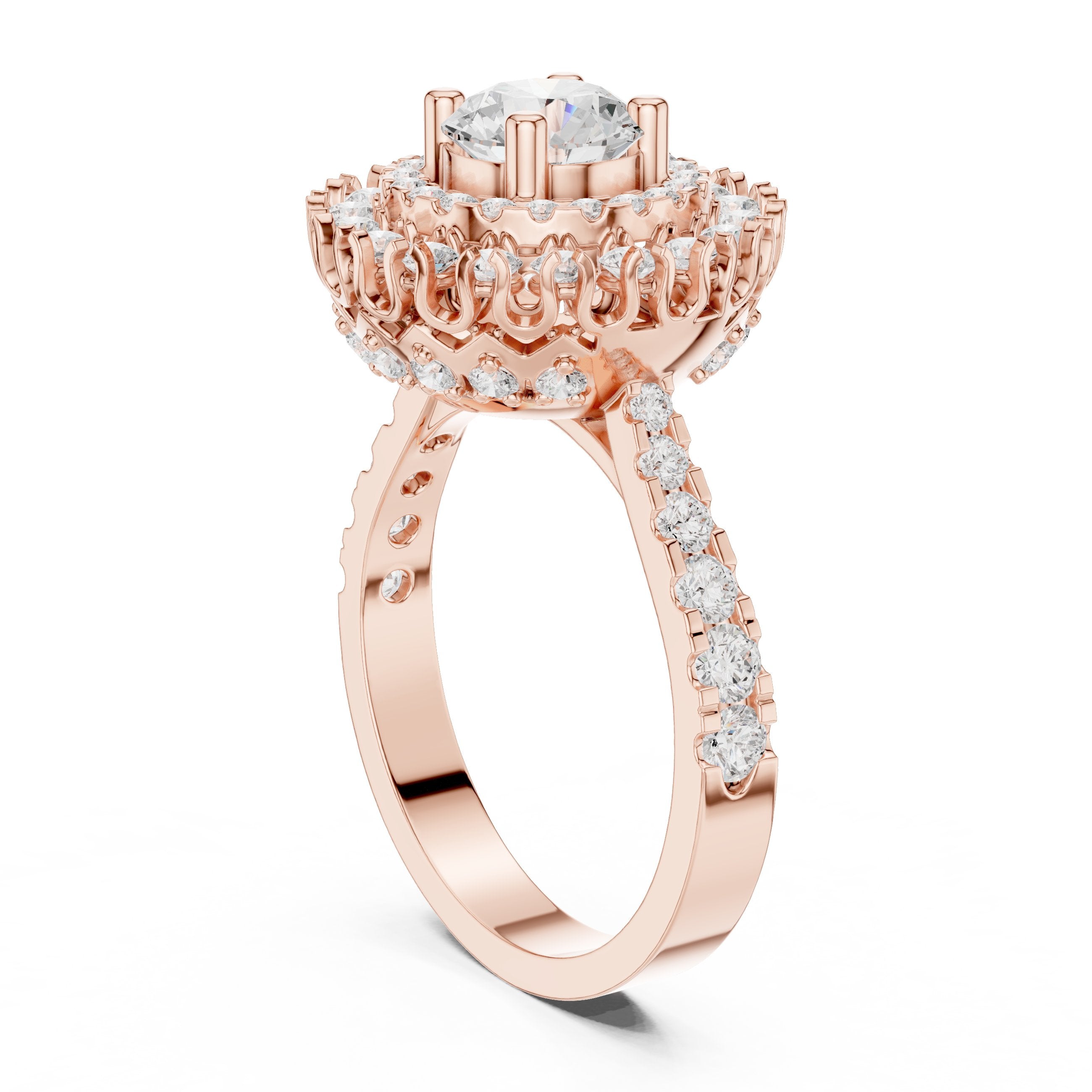 Round Diamond Double Halo Engagement Ring with Decorative Pavé Band in Rose Gold - VYKA Diamonds