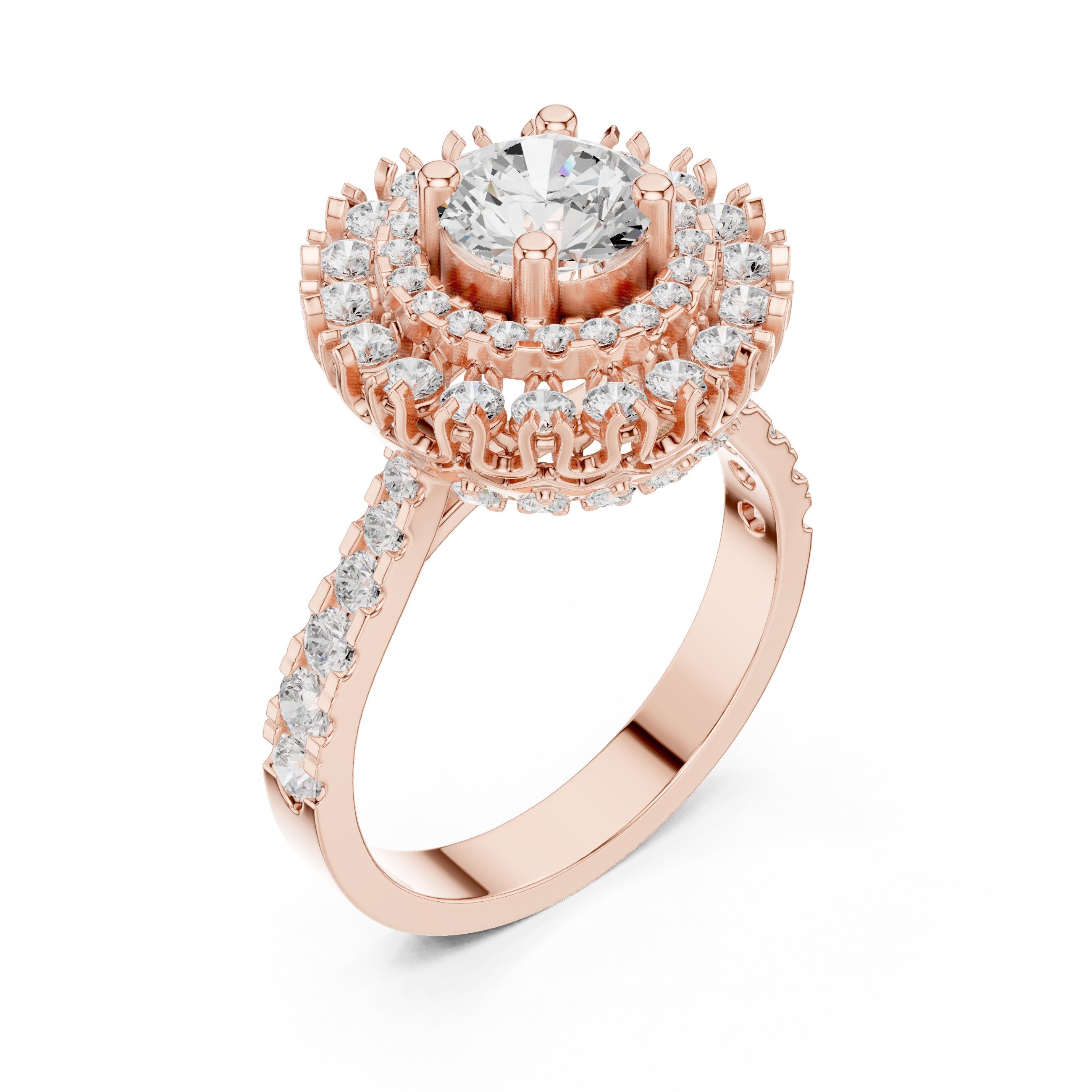 Round Diamond Double Halo Engagement Ring with Decorative Pavé Band in Rose Gold - VYKA Diamonds