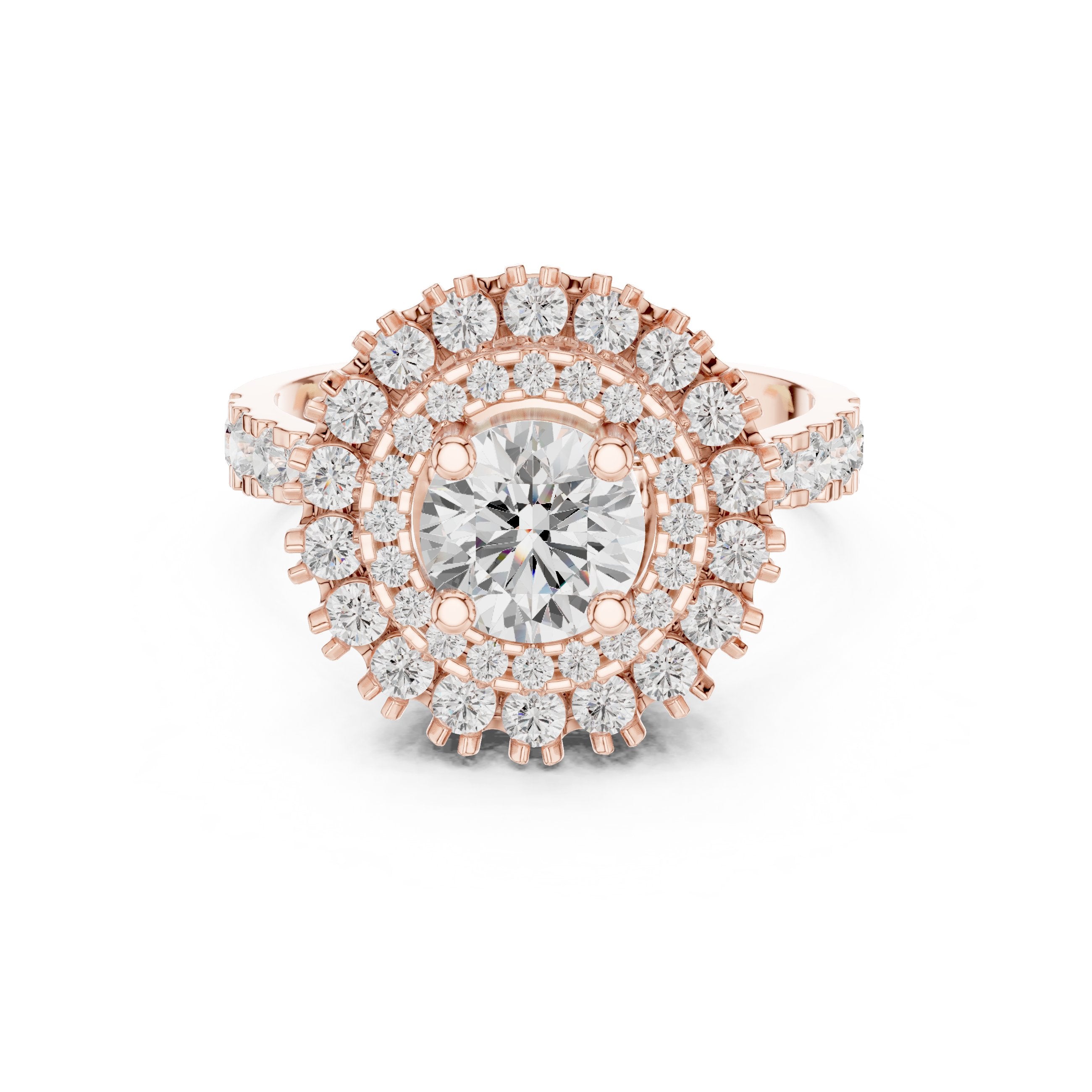Round Diamond Double Halo Engagement Ring with Decorative Pavé Band in Rose Gold - VYKA Diamonds