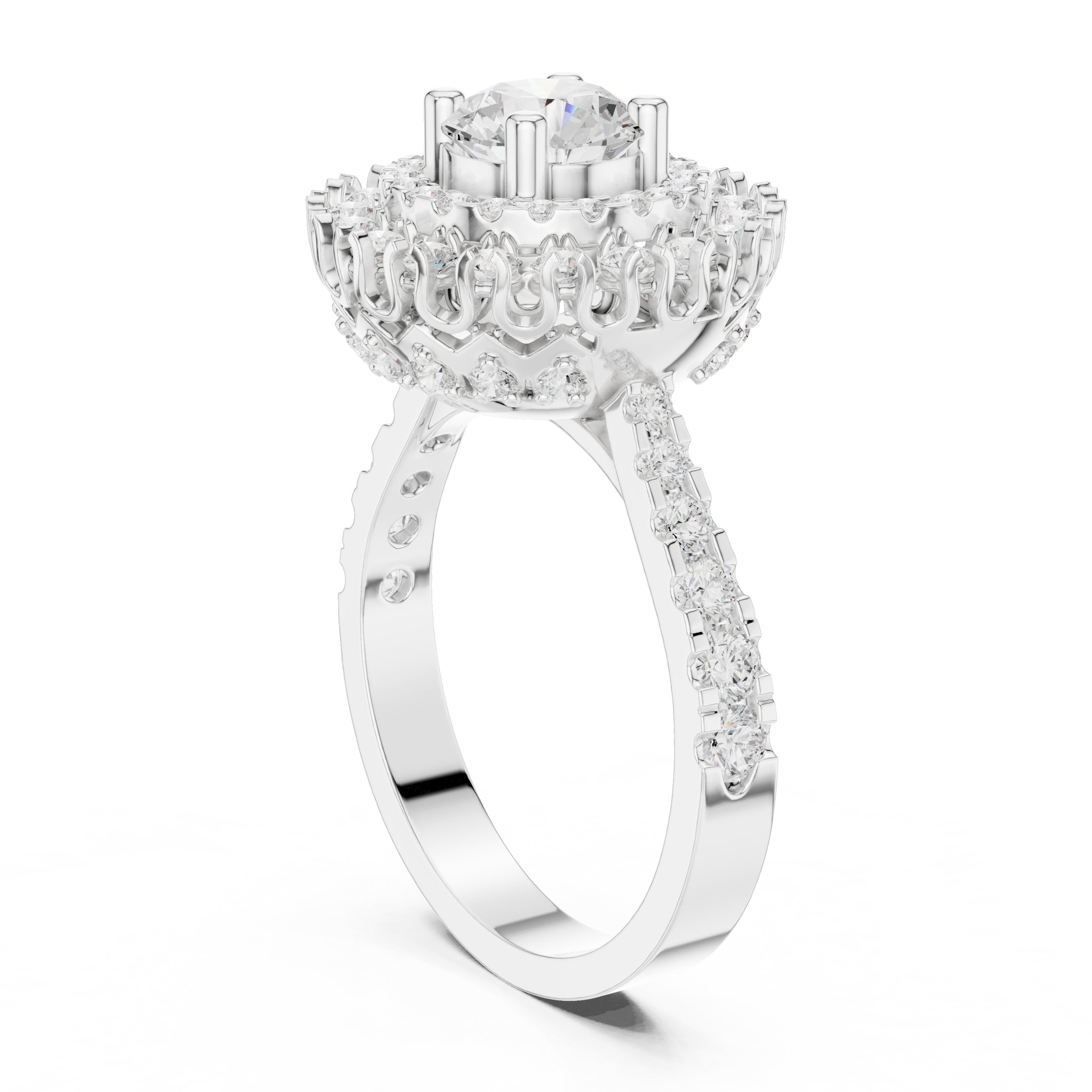 Round Diamond Double Halo Engagement Ring with Decorative Pavé Band in White Gold - VYKA Diamonds