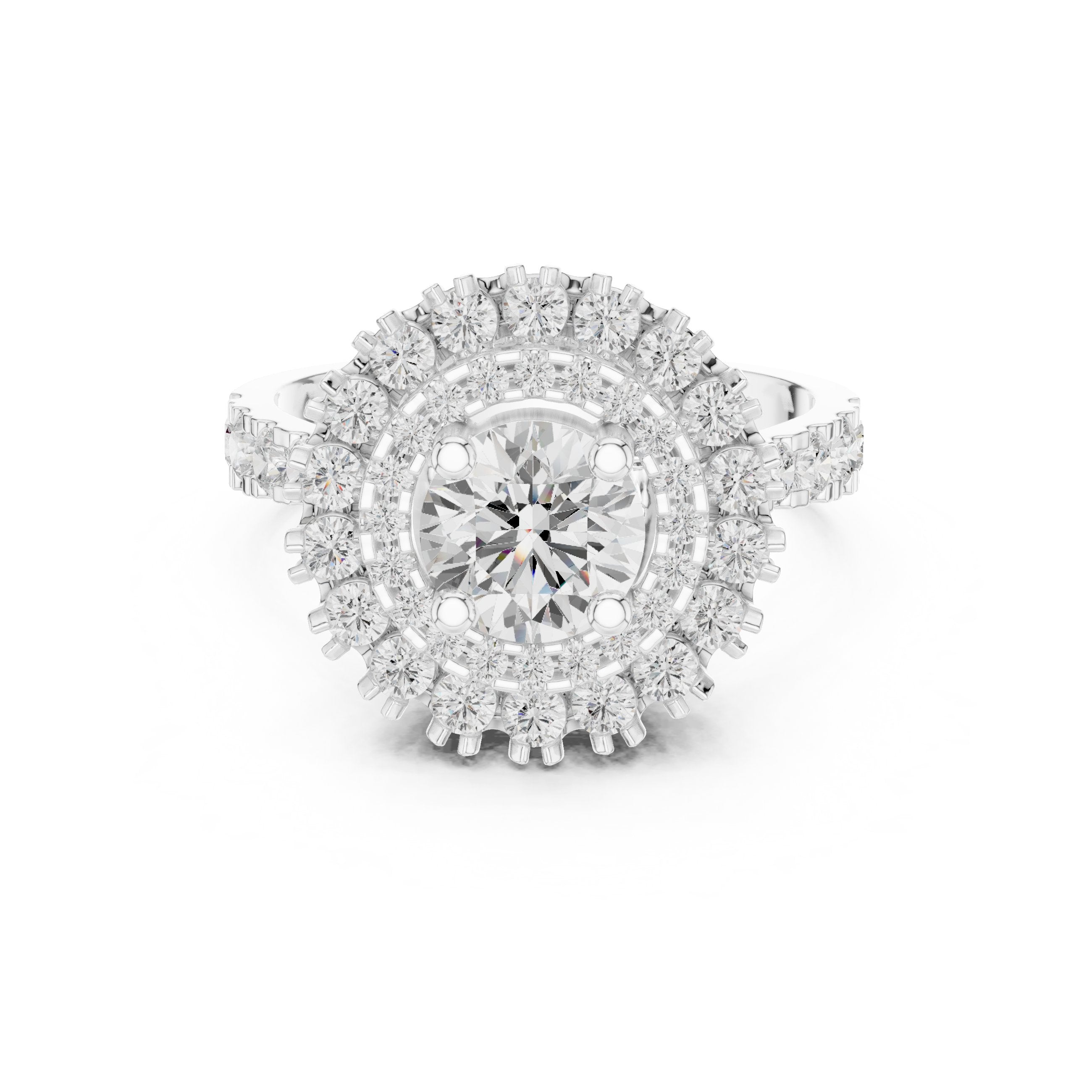 Round Diamond Double Halo Engagement Ring with Decorative Pavé Band in White Gold - VYKA Diamonds