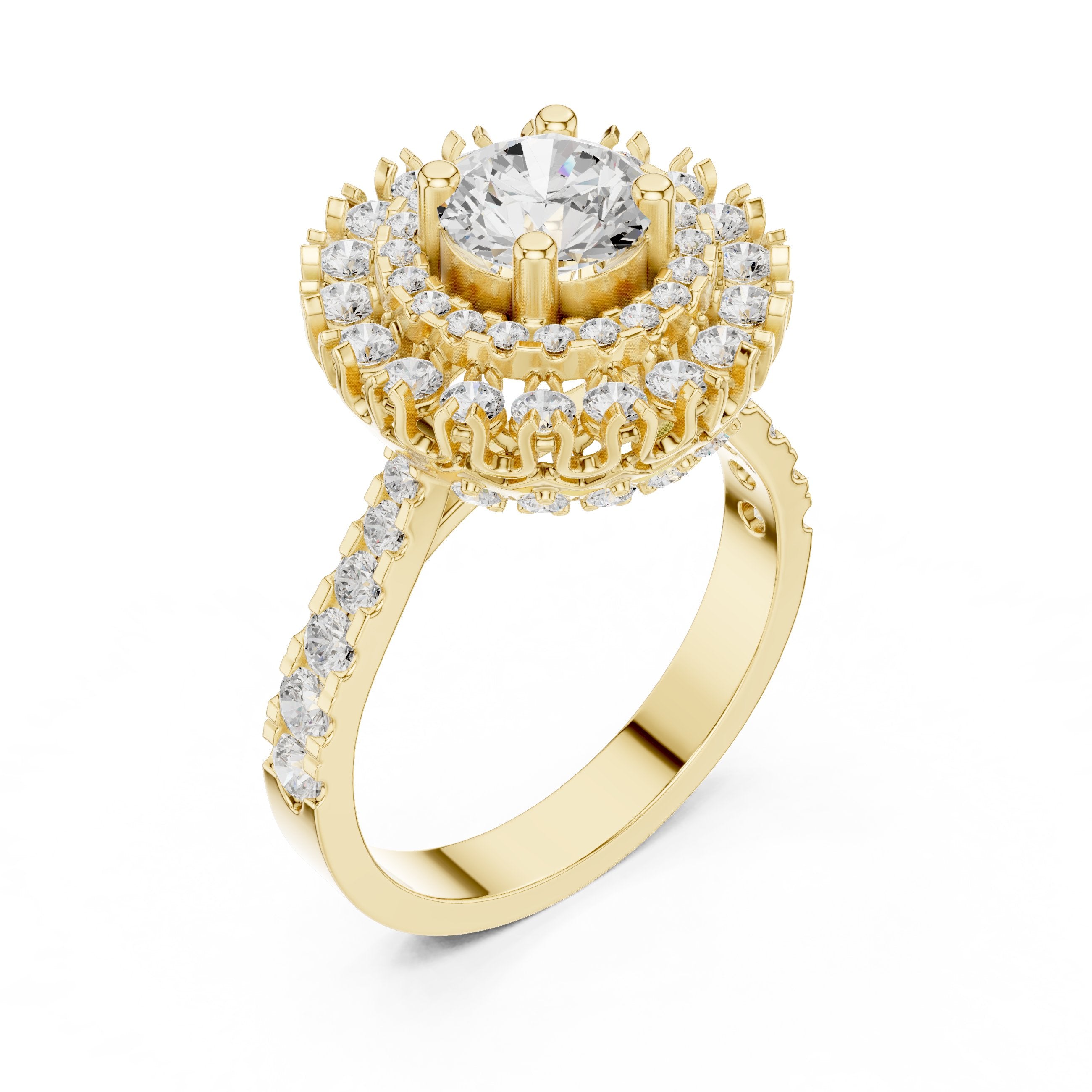 Round Diamond Double Halo Engagement Ring with Decorative Pavé Band in Yellow Gold - VYKA Diamonds