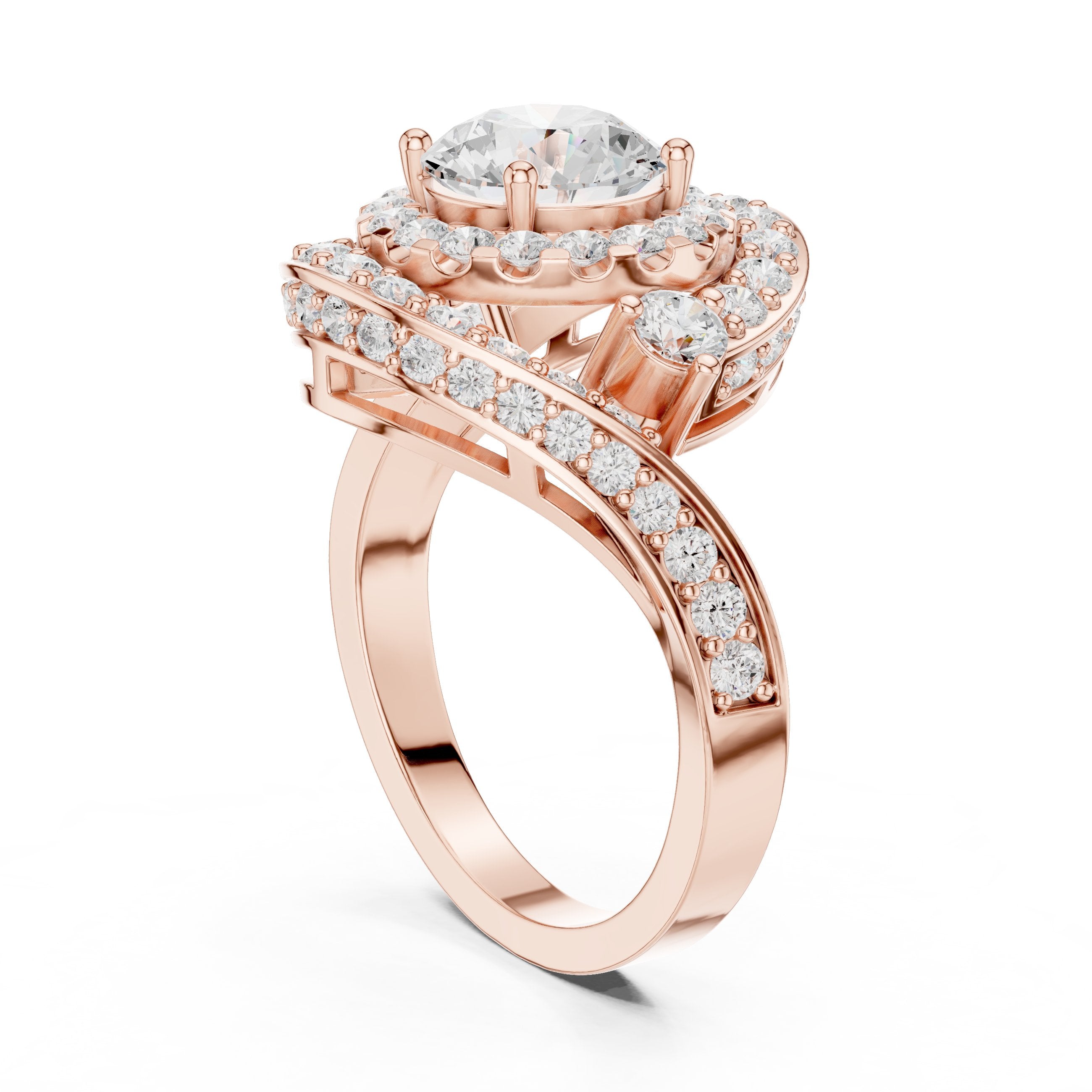 Round Diamond Double Halo Engagement Ring with Bypass Pavé Swirl Arms in Rose Gold - VYKA Diamonds
