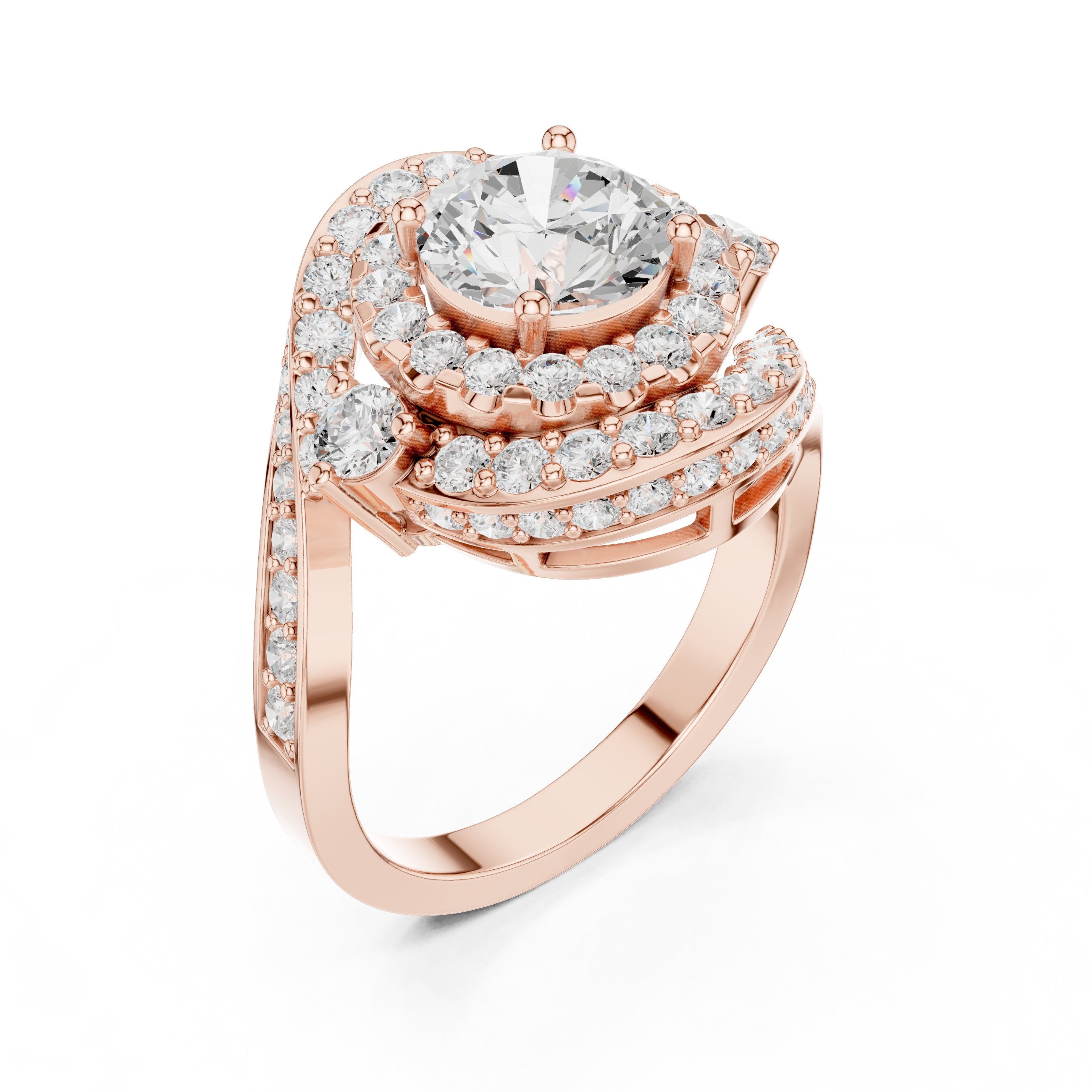 Round Diamond Double Halo Engagement Ring with Bypass Pavé Swirl Arms in Rose Gold - VYKA Diamonds