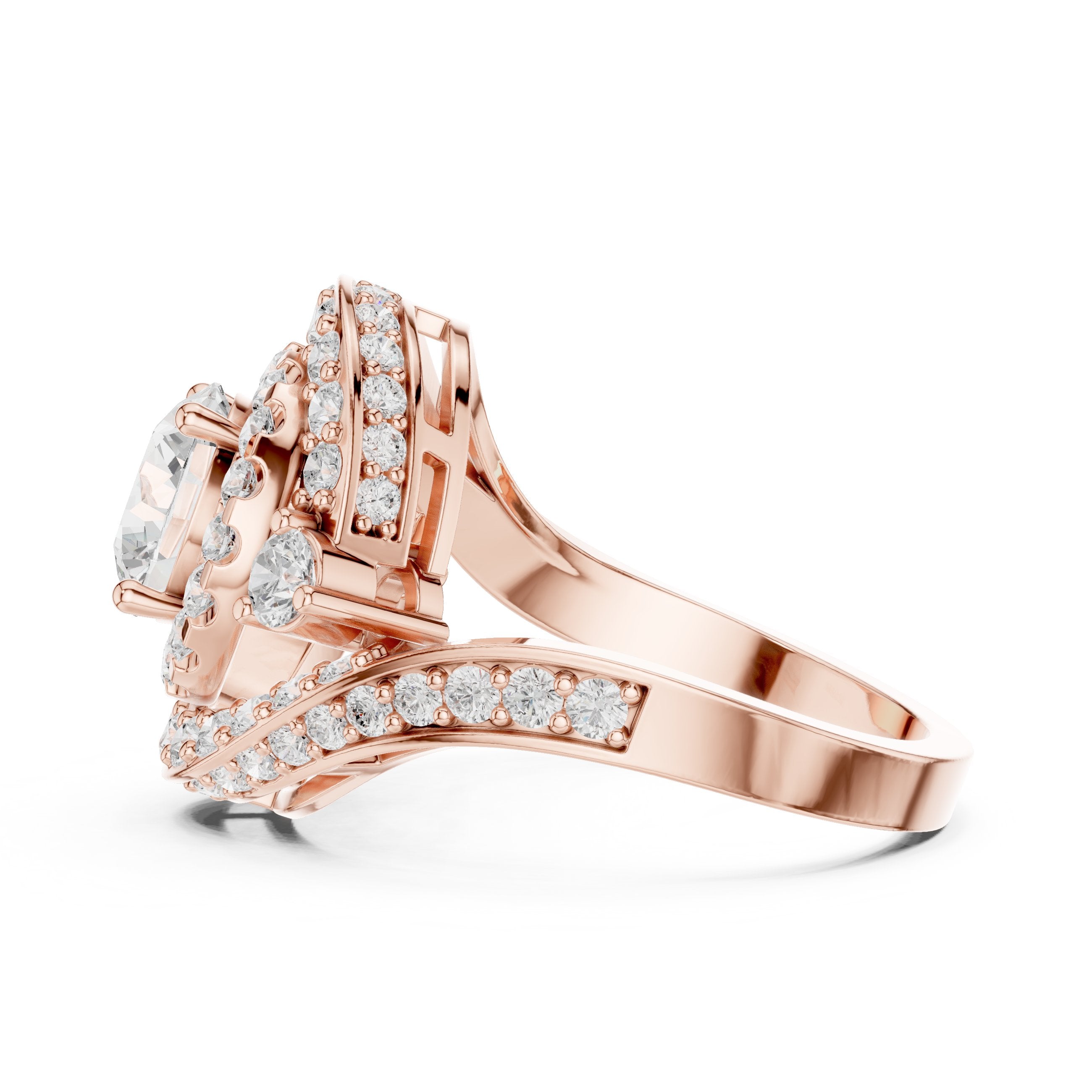 Round Diamond Double Halo Engagement Ring with Bypass Pavé Swirl Arms in Rose Gold - VYKA Diamonds