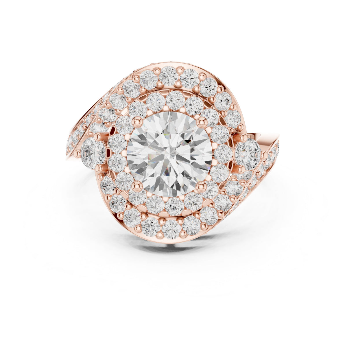 Round Diamond Double Halo Engagement Ring with Bypass Pavé Swirl Arms