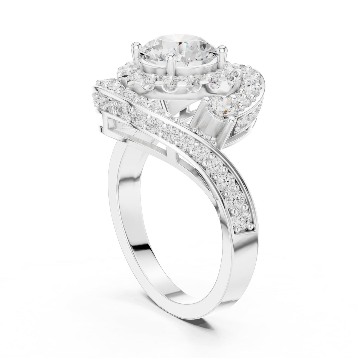 Round Diamond Double Halo Engagement Ring with Bypass Pavé Swirl Arms