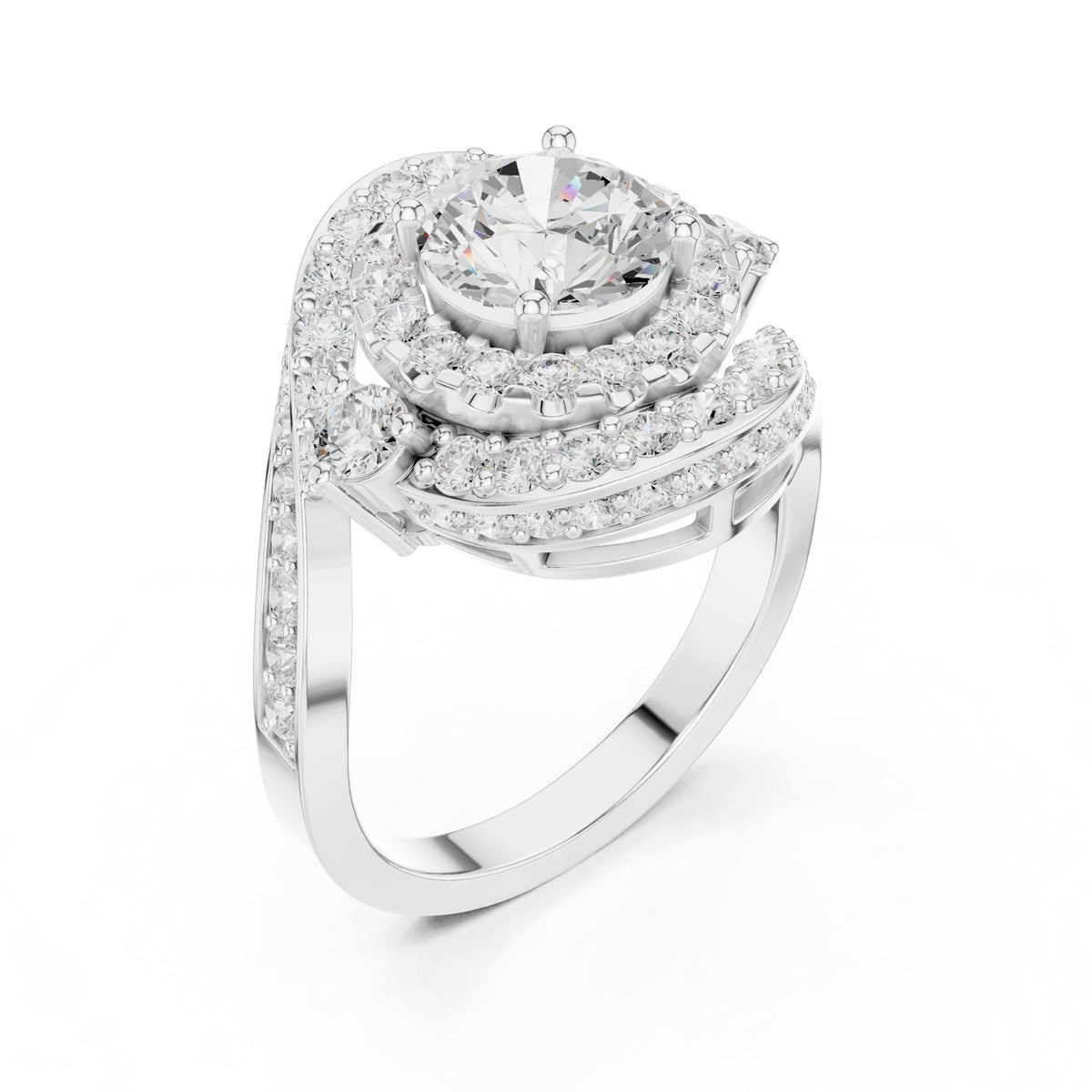 Round Diamond Double Halo Engagement Ring with Bypass Pavé Swirl Arms