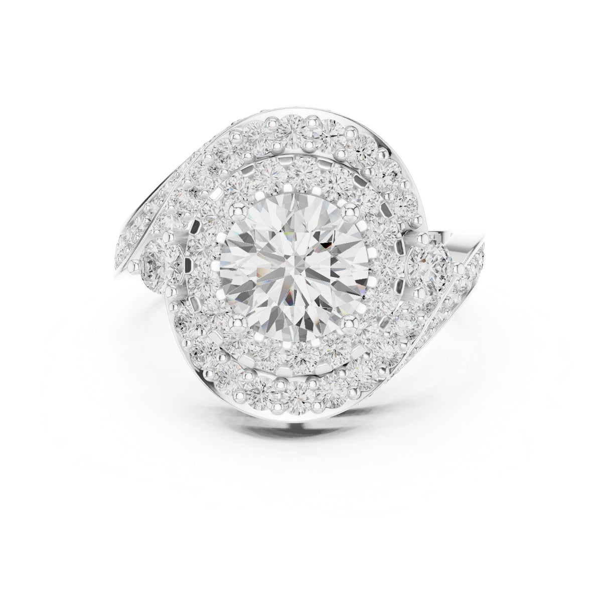 Round Diamond Double Halo Engagement Ring with Bypass Pavé Swirl Arms