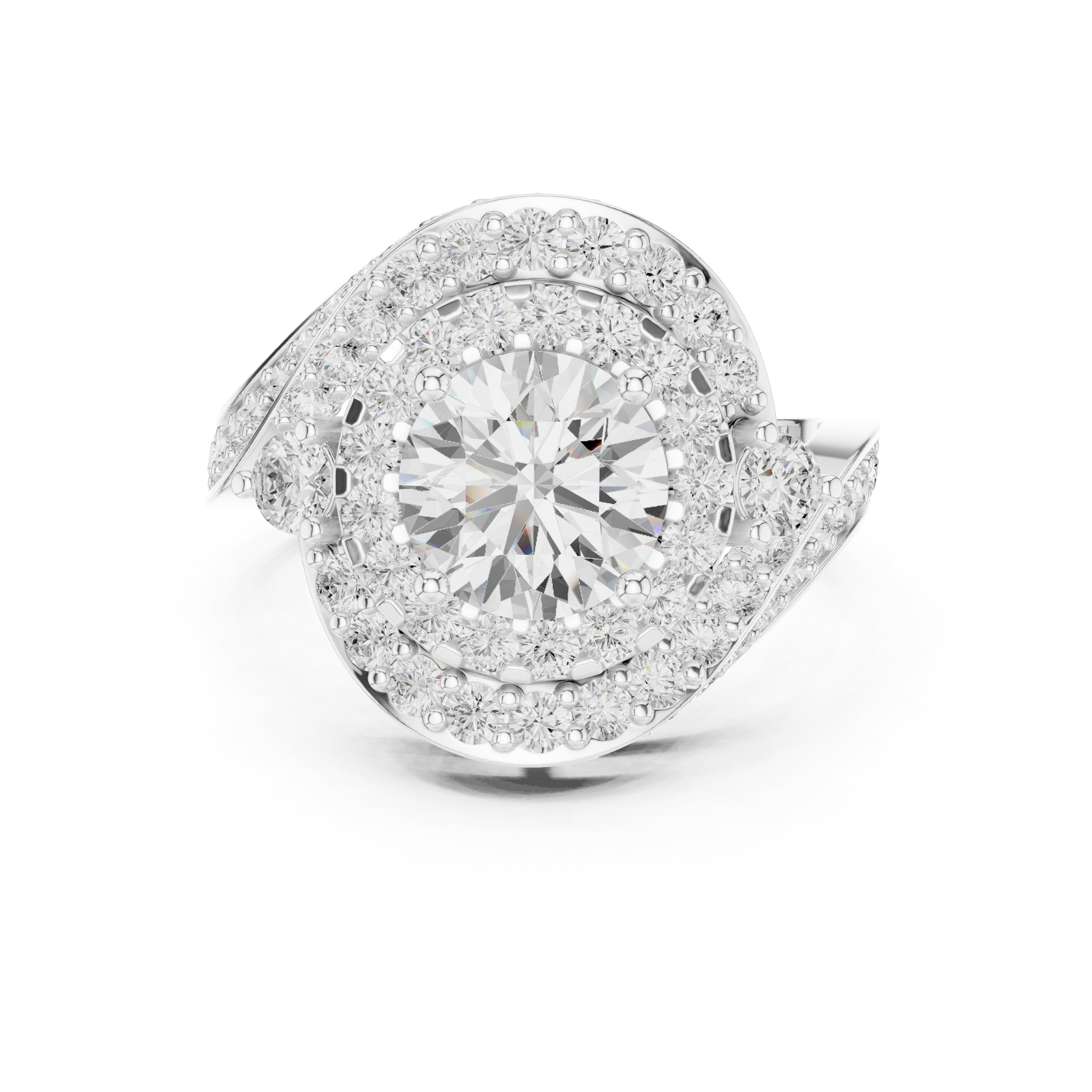 Round Diamond Double Halo Engagement Ring with Bypass Pavé Swirl Arms in White Gold - VYKA Diamonds