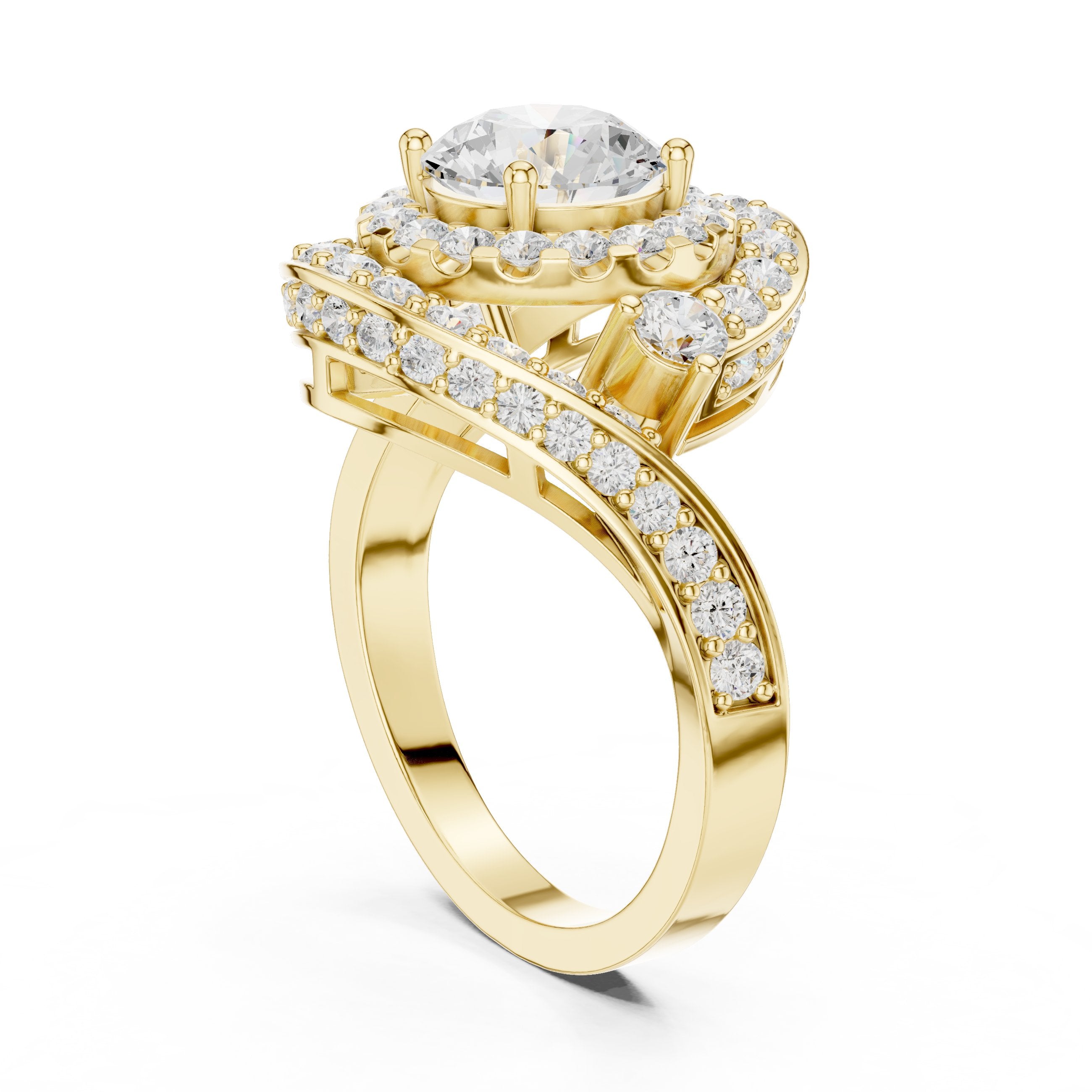 Round Diamond Double Halo Engagement Ring with Bypass Pavé Swirl Arms in Yellow Gold - VYKA Diamonds