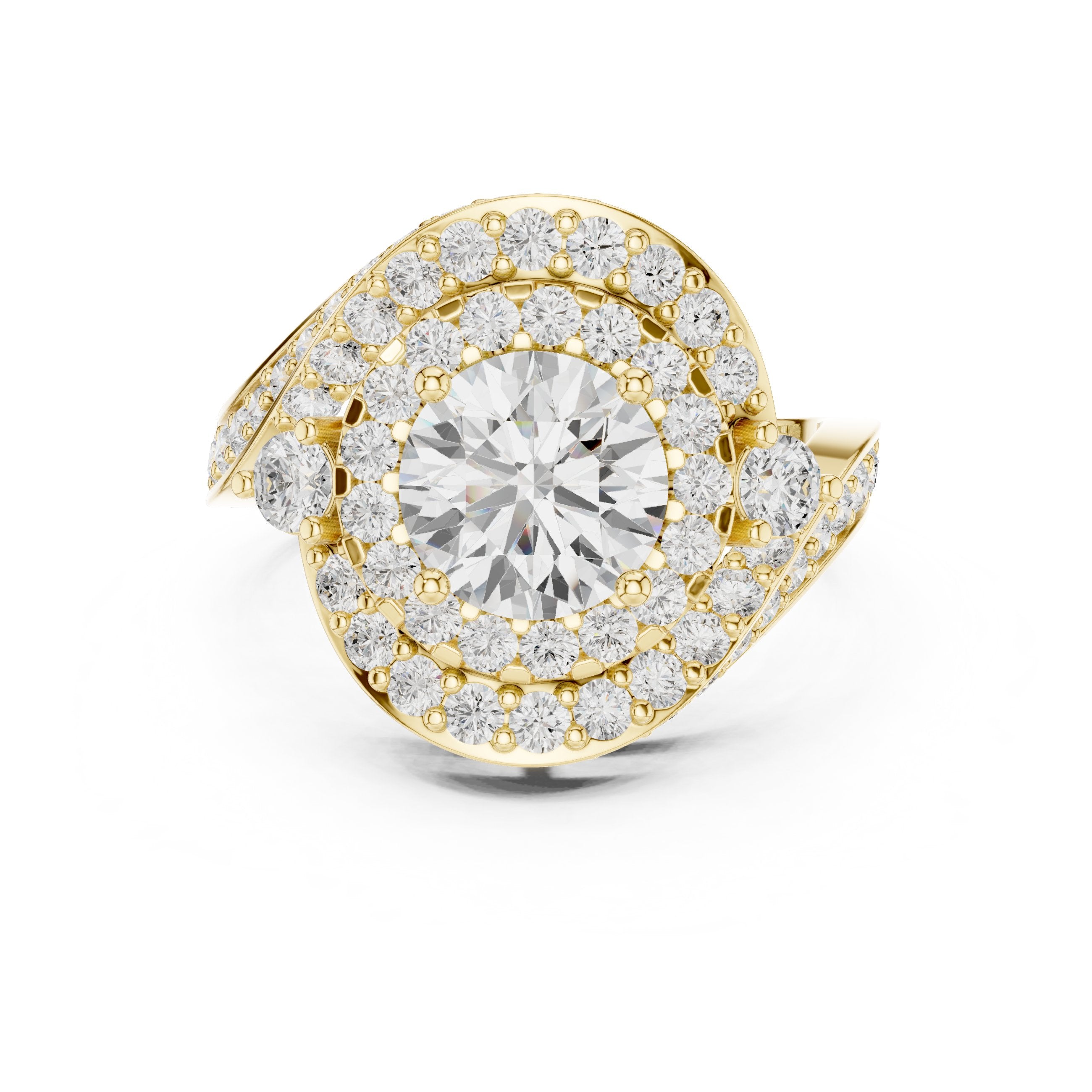 Round Diamond Double Halo Engagement Ring with Bypass Pavé Swirl Arms in Yellow Gold - VYKA Diamonds