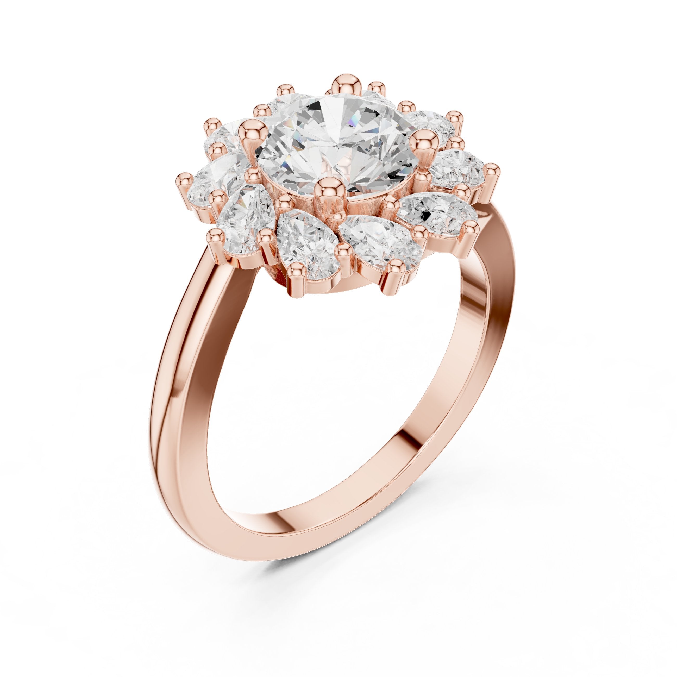 خاتم خطوبة بألماس مستدير وهالة زهرية in Rose Gold - VYKA Diamonds
