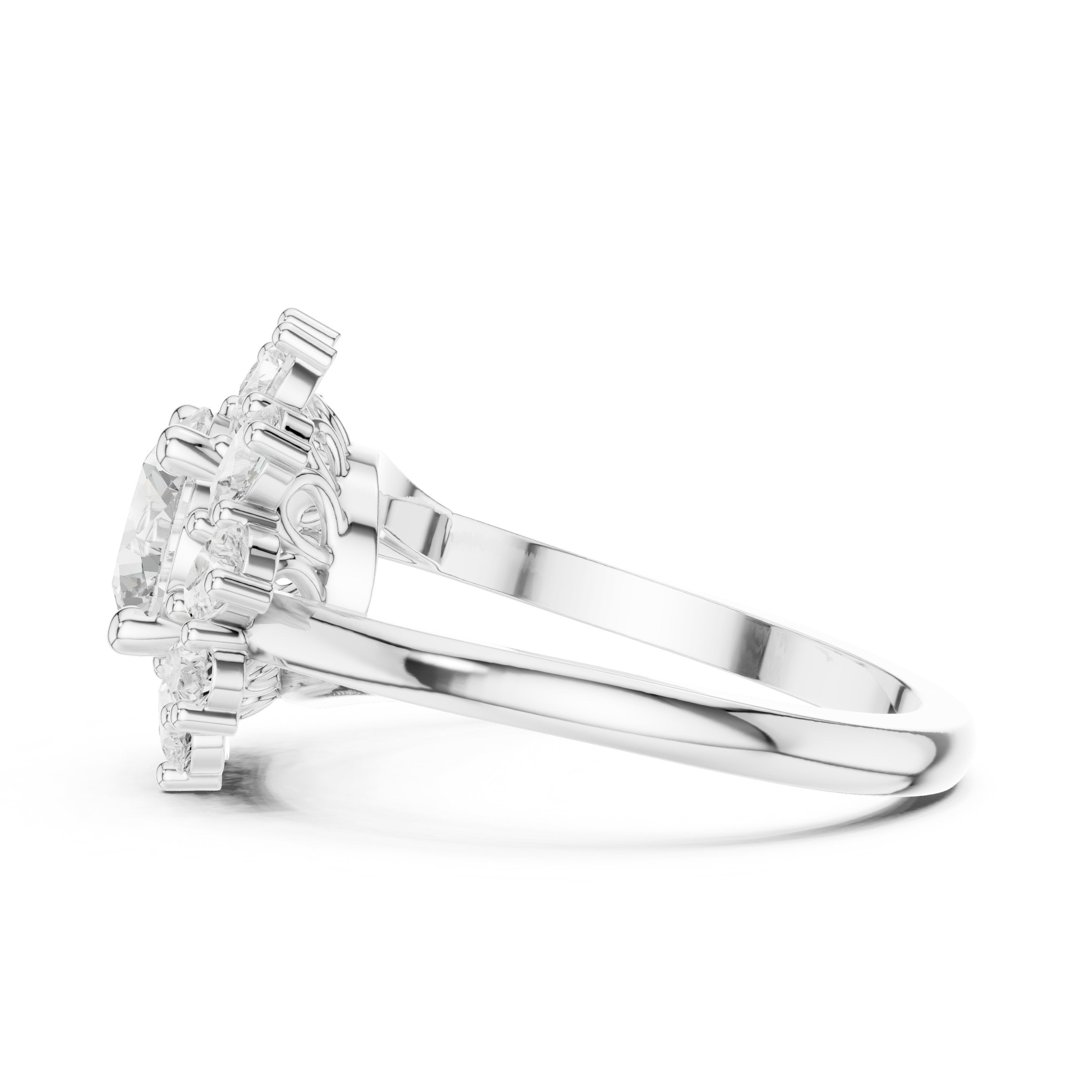 خاتم خطوبة بألماس مستدير وهالة زهرية in White Gold - VYKA Diamonds